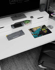 Anime mouse pad 14x10 inches showing blonde girl balancing steaming snacks as reptile-headed thug lunges.