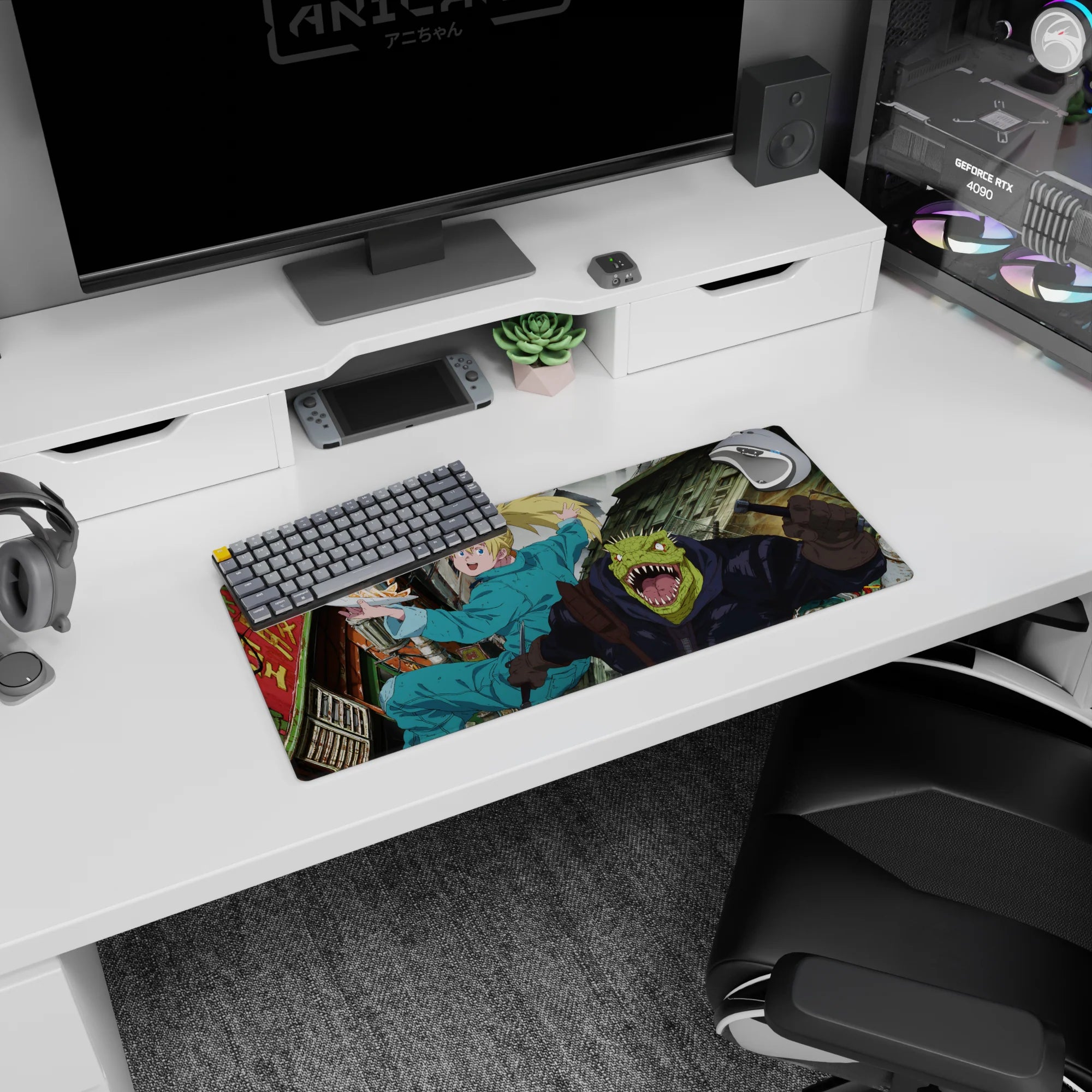 28x12 inches anime mouse pad showing grinning blonde runner with steaming tray chased by reptile thug.