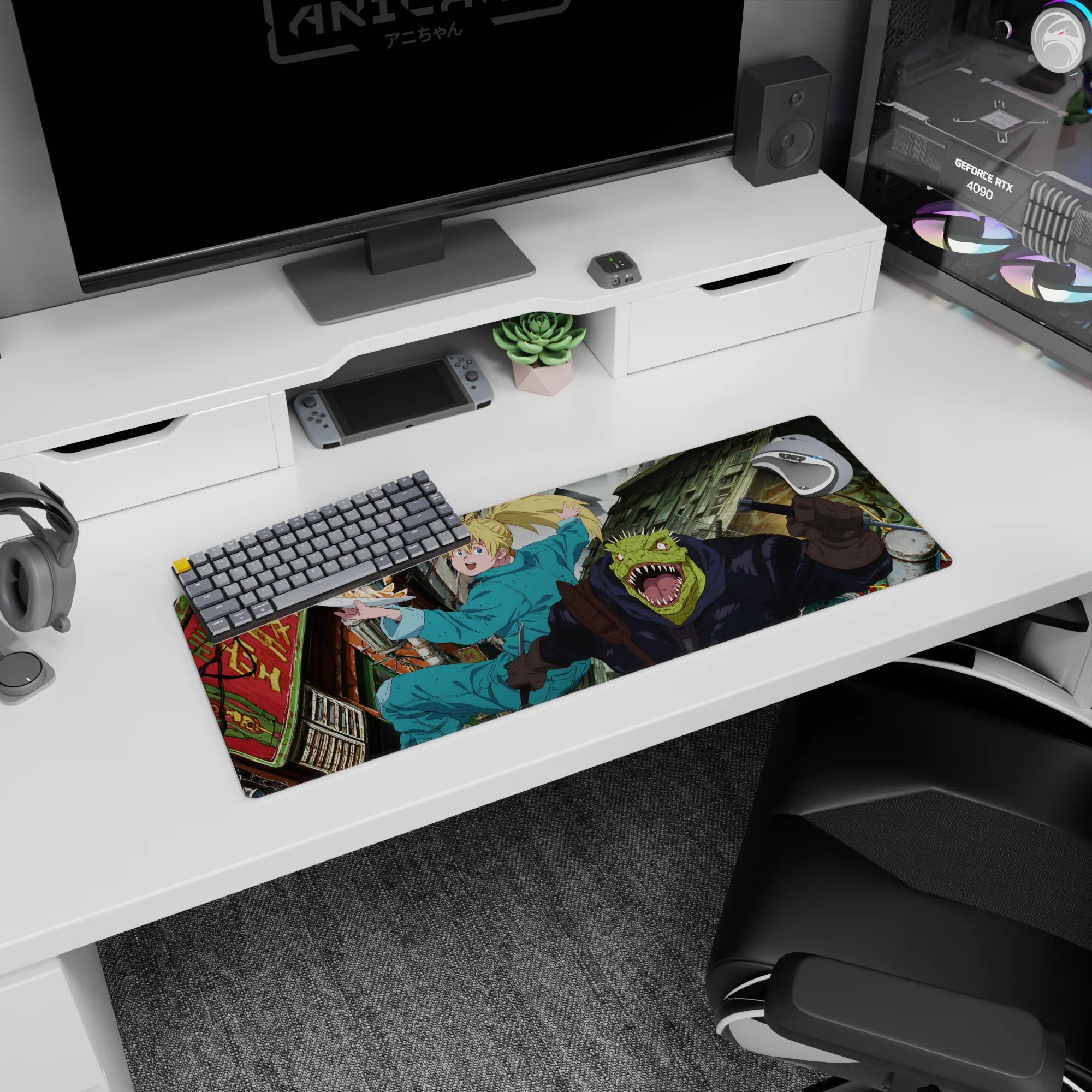 32x12 inches anime mouse pad showing blonde girl sprinting with steaming tray, chased by reptile thug.