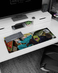 32x12 inches anime mouse pad showing blonde girl sprinting with steaming tray, chased by reptile thug.