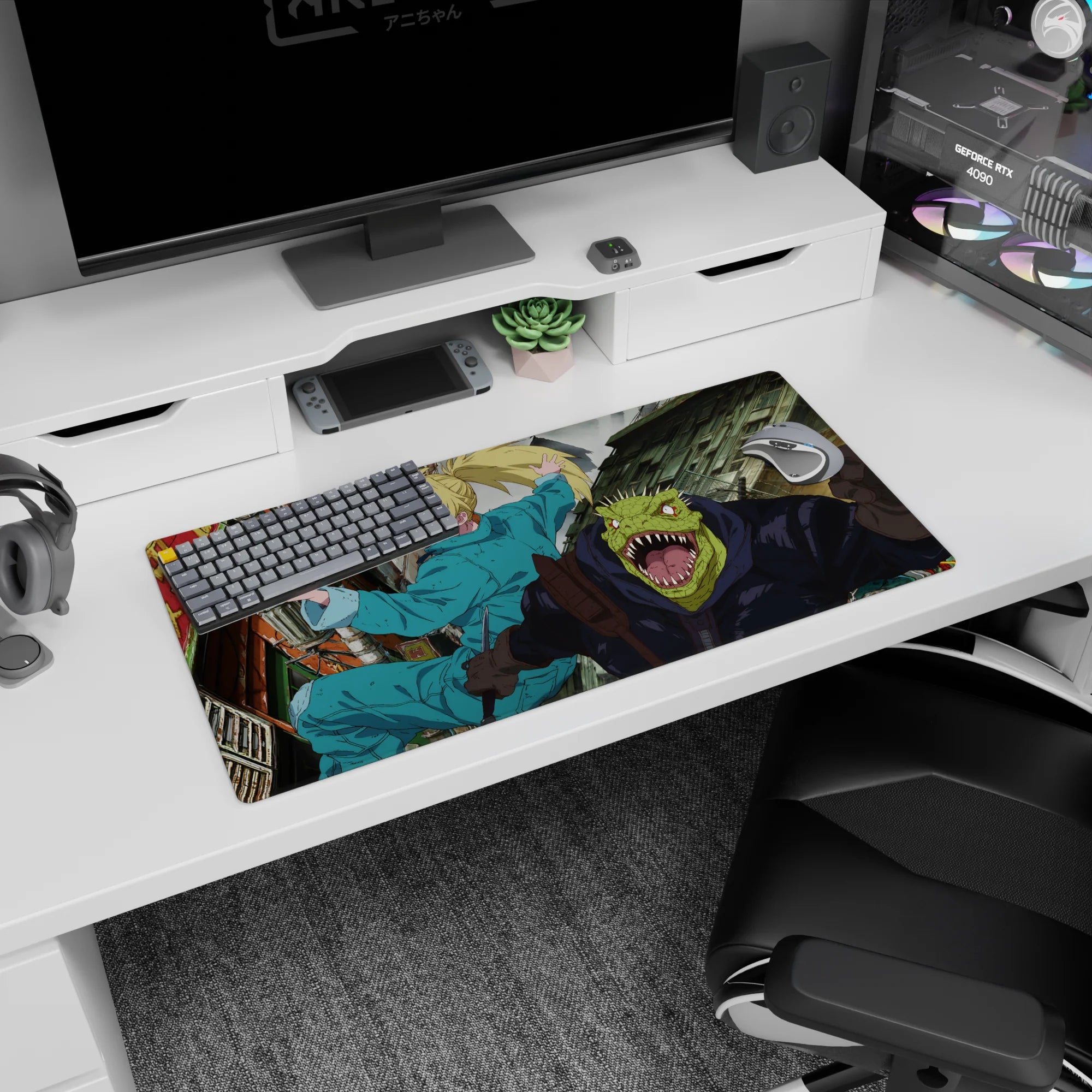 32x16 inches anime mouse pad showing grinning blonde runner balancing hot bites as reptile-headed thug lunges.