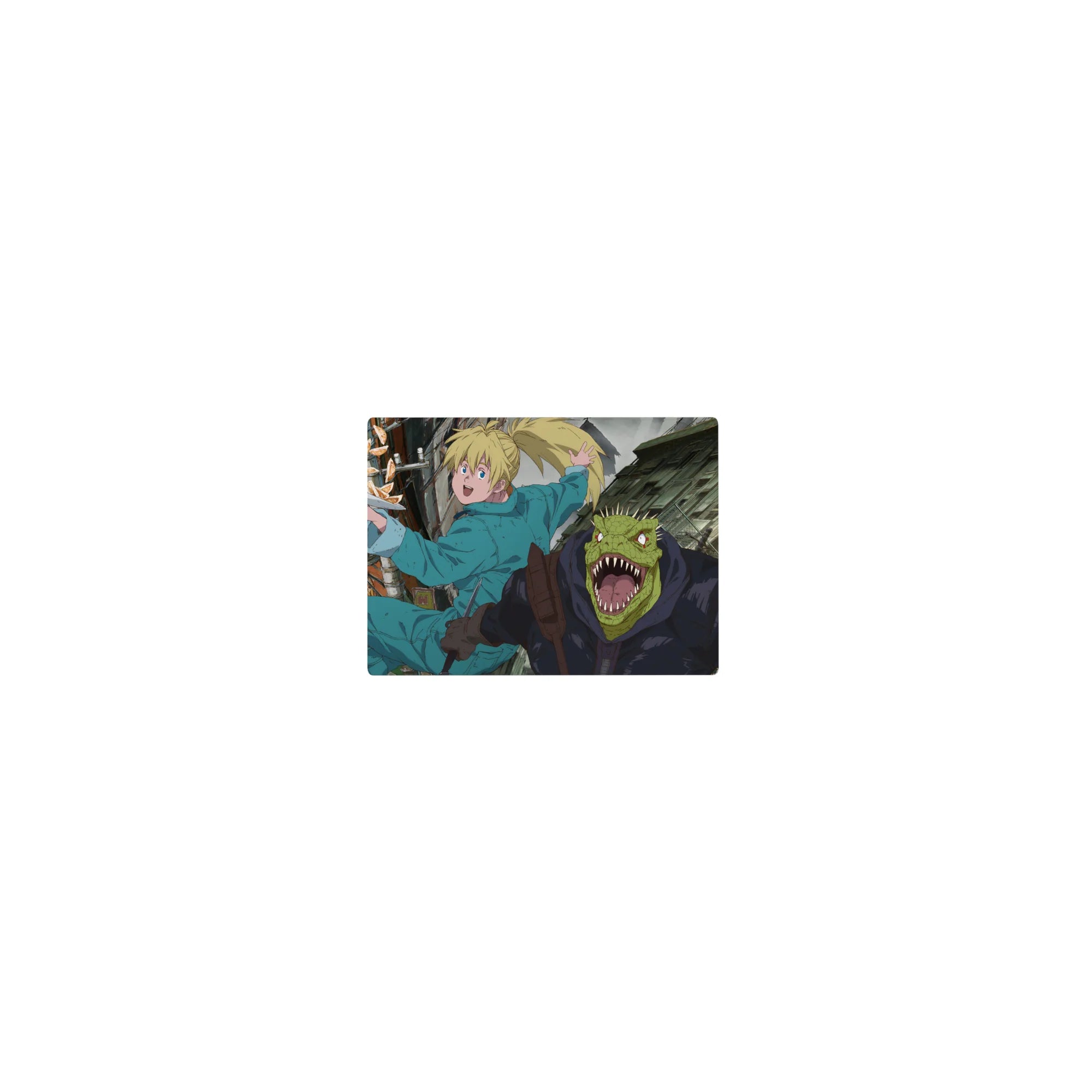 Classic anime mouse pad 14x10 inches with alley chase scene, teal jumpsuit runner and reptile fighter.