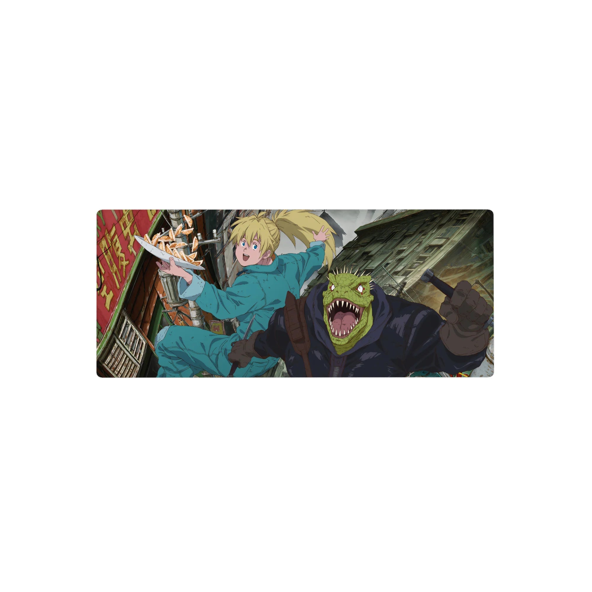 28x12 inches anime mouse pad with alley chase scene, blonde girl in teal jumpsuit and reptile fighter.