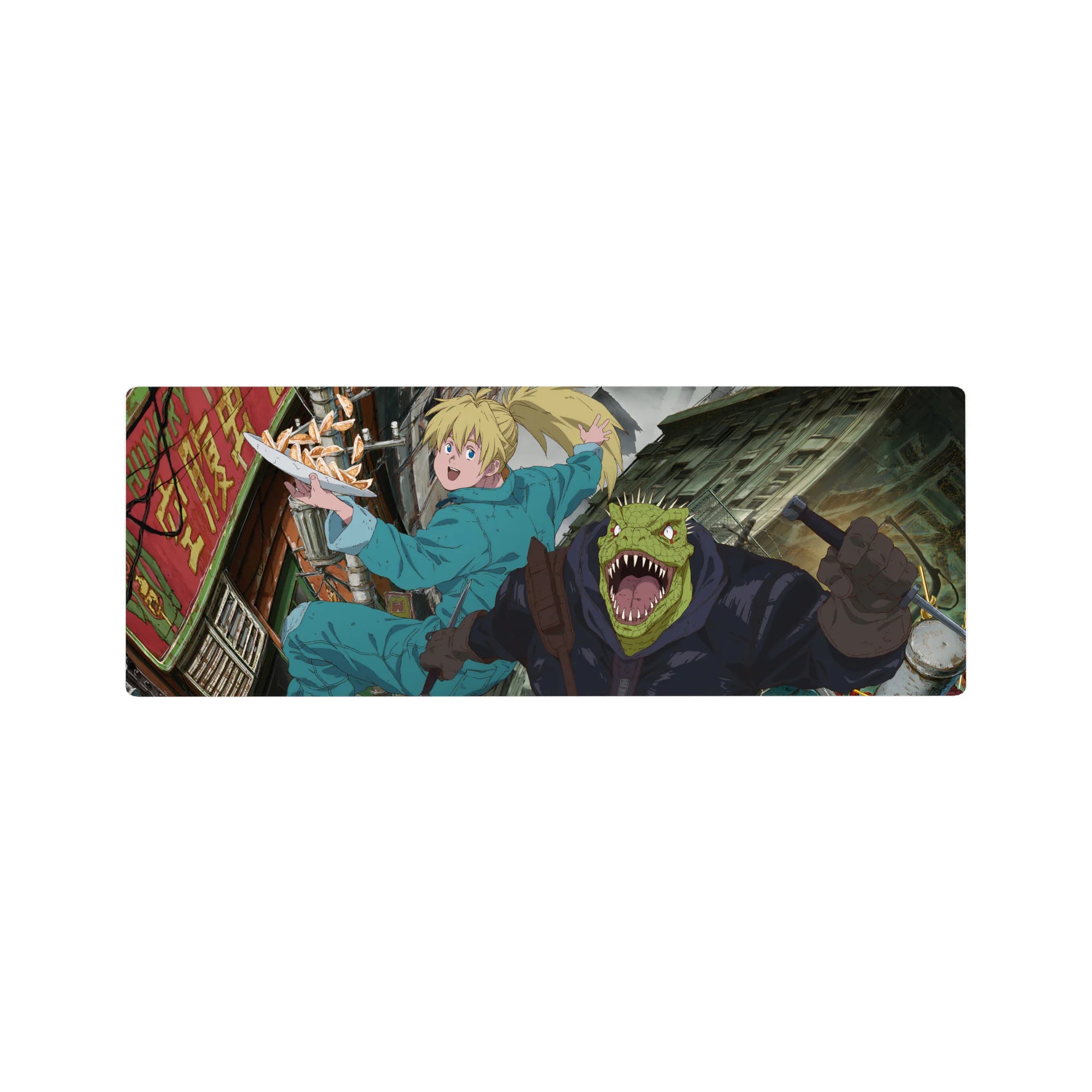 32x12 inches anime mouse pad with alley chase scene, teal jumpsuit runner and reptile-headed fighter.