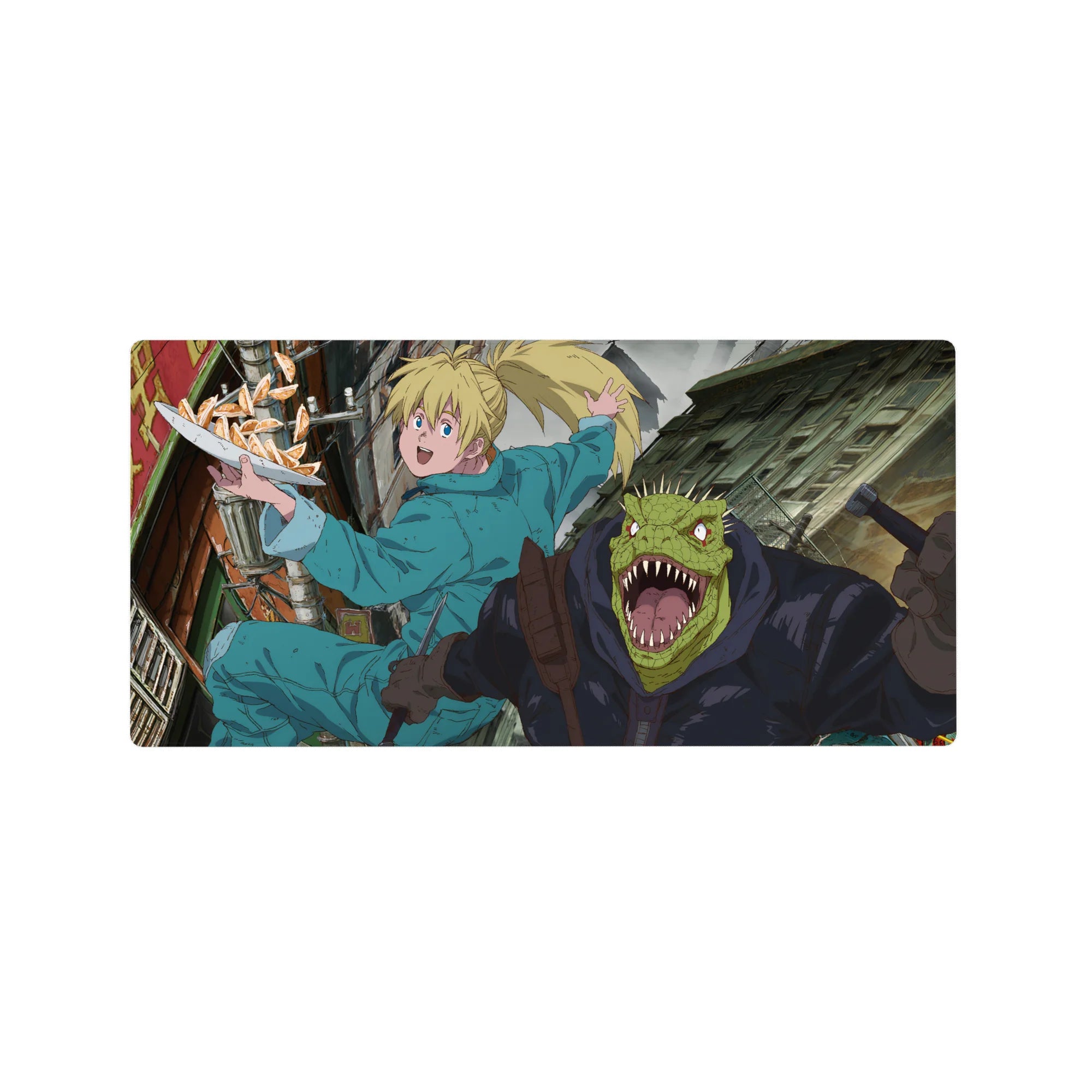 32x16 inches anime mouse pad with alley chase scene, teal jumpsuit girl and reptile fighter, speed lines.