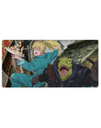 32x16 inches anime mouse pad with alley chase scene, teal jumpsuit girl and reptile fighter, speed lines.