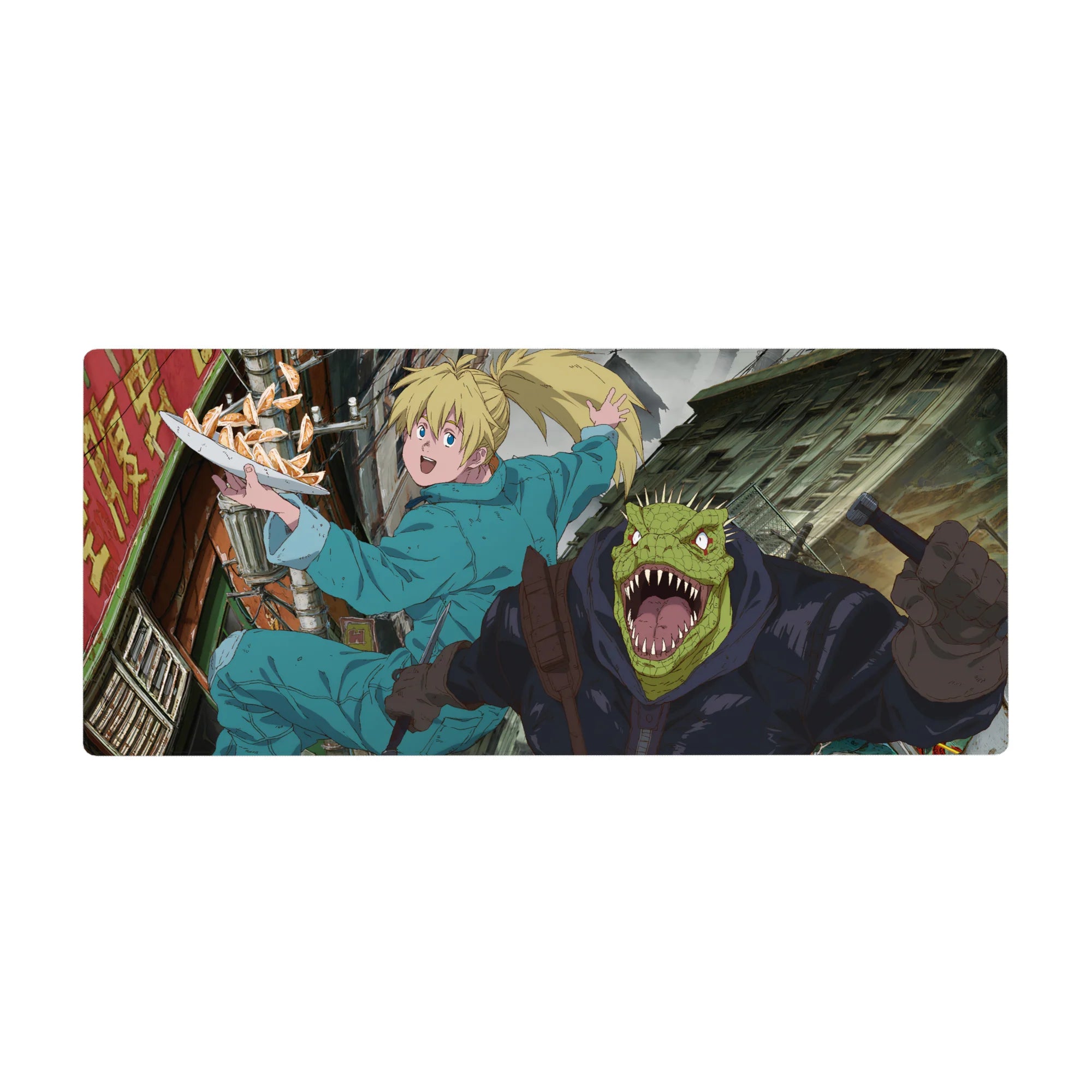 Anime desk pad 36x16 inches with alley chase scene, blonde runner with tray and reptile fighter.