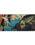 Anime desk pad 36x16 inches with alley chase scene, blonde runner with tray and reptile fighter.