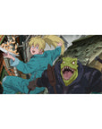 Anime desk pad 40x20 inches with alley chase scene, blonde runner and reptile fighter, speed lines.