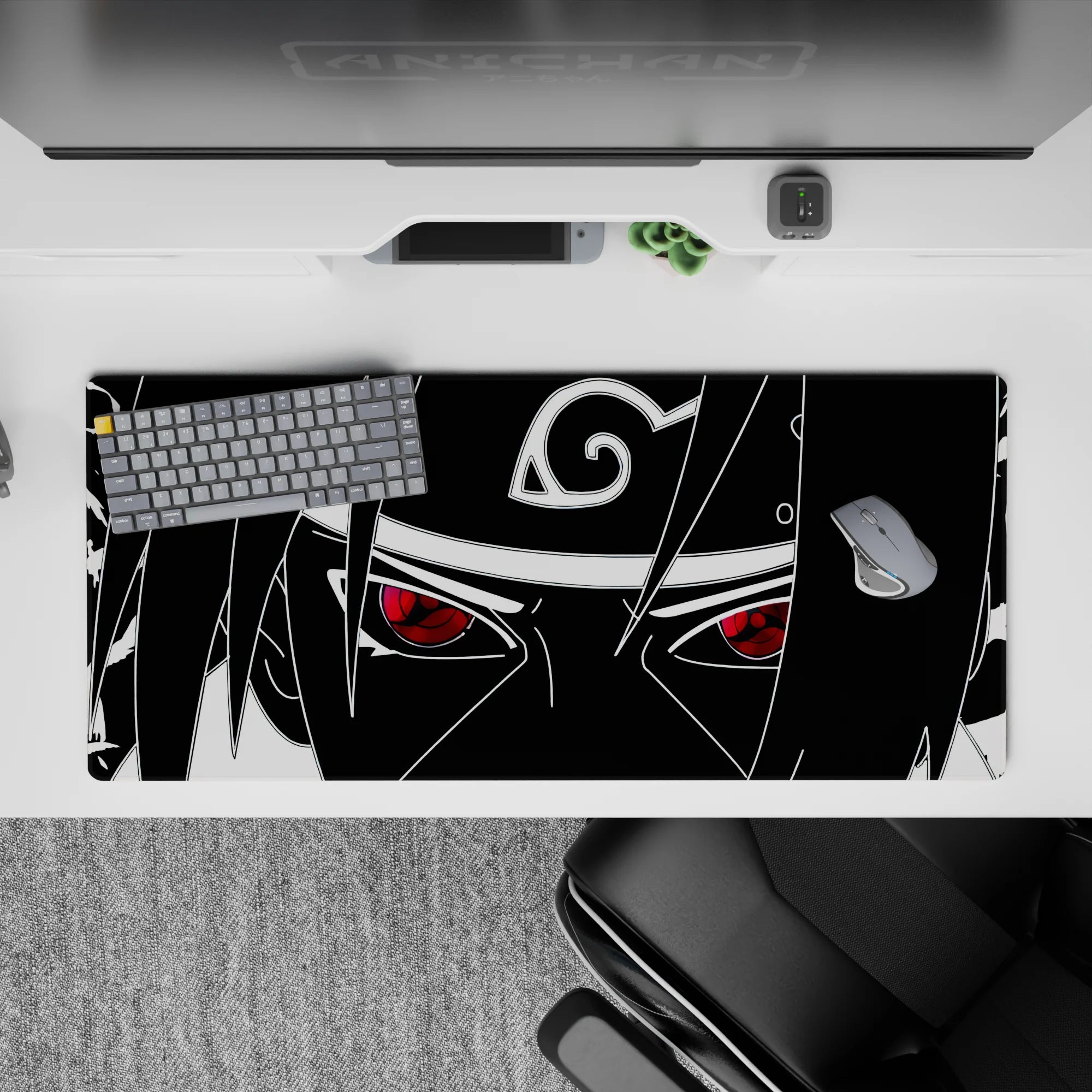 36x16 inches black-and-white anime desk pad with a crimson Sharingan pop and intense, edgy vibe.