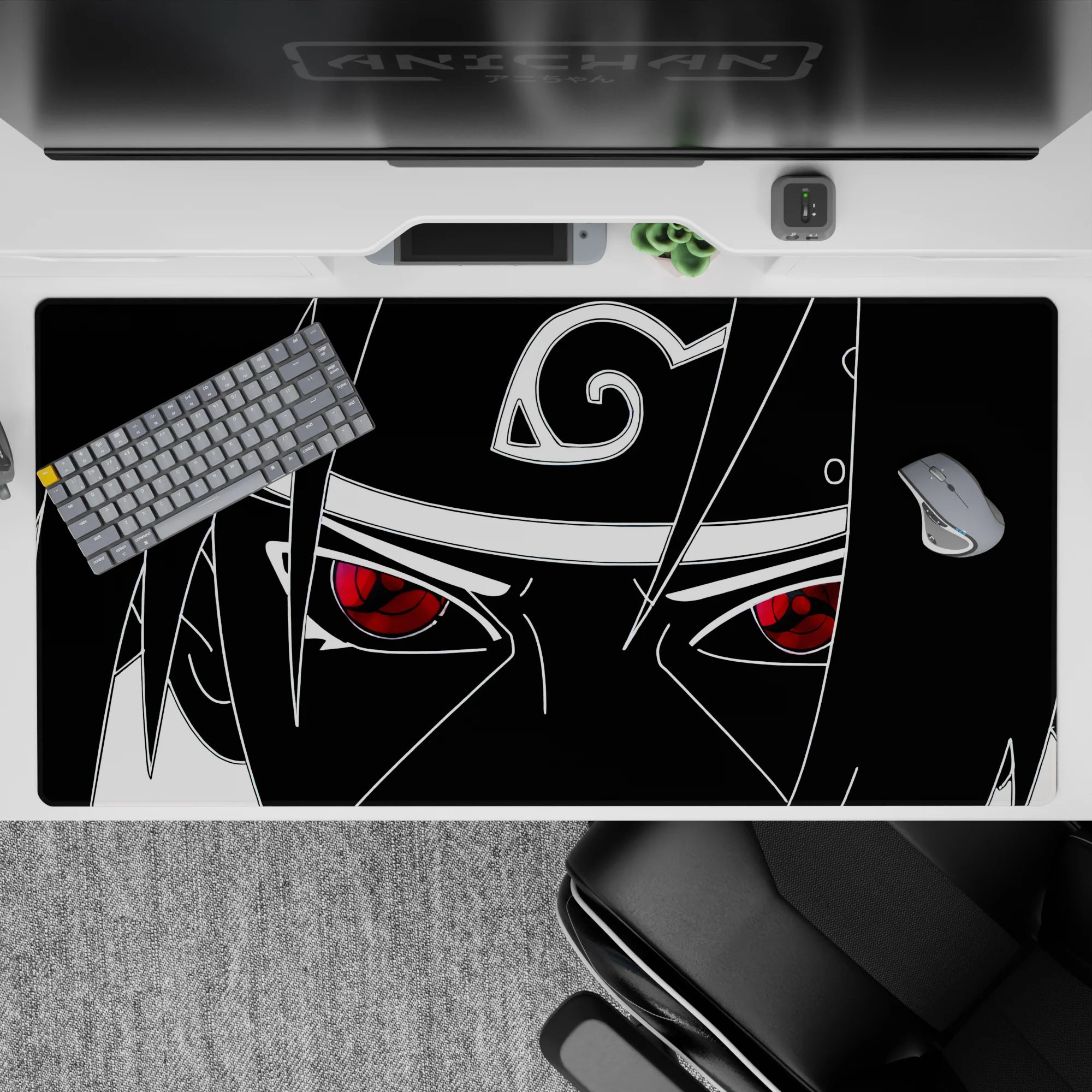 40x20 inches anime mouse pad in stark black and white with a crimson Sharingan pop, edgy vibe.