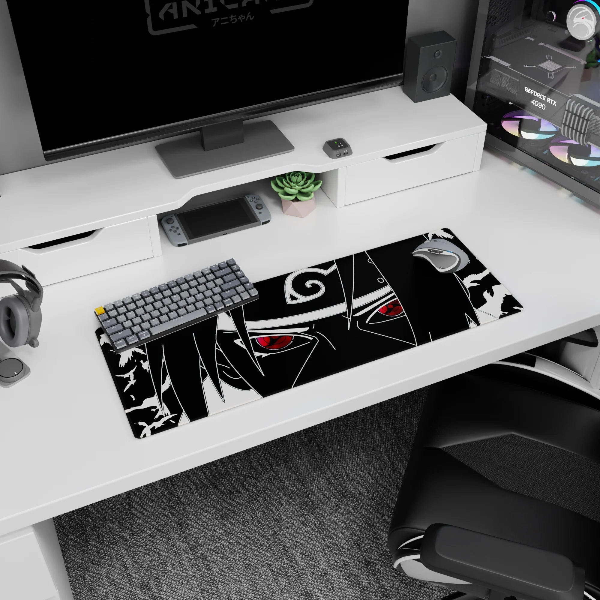 32x12 inches Naruto mouse pad showing Sasuke Uchiha locking eyes, clean line art, iconic Leaf headband.