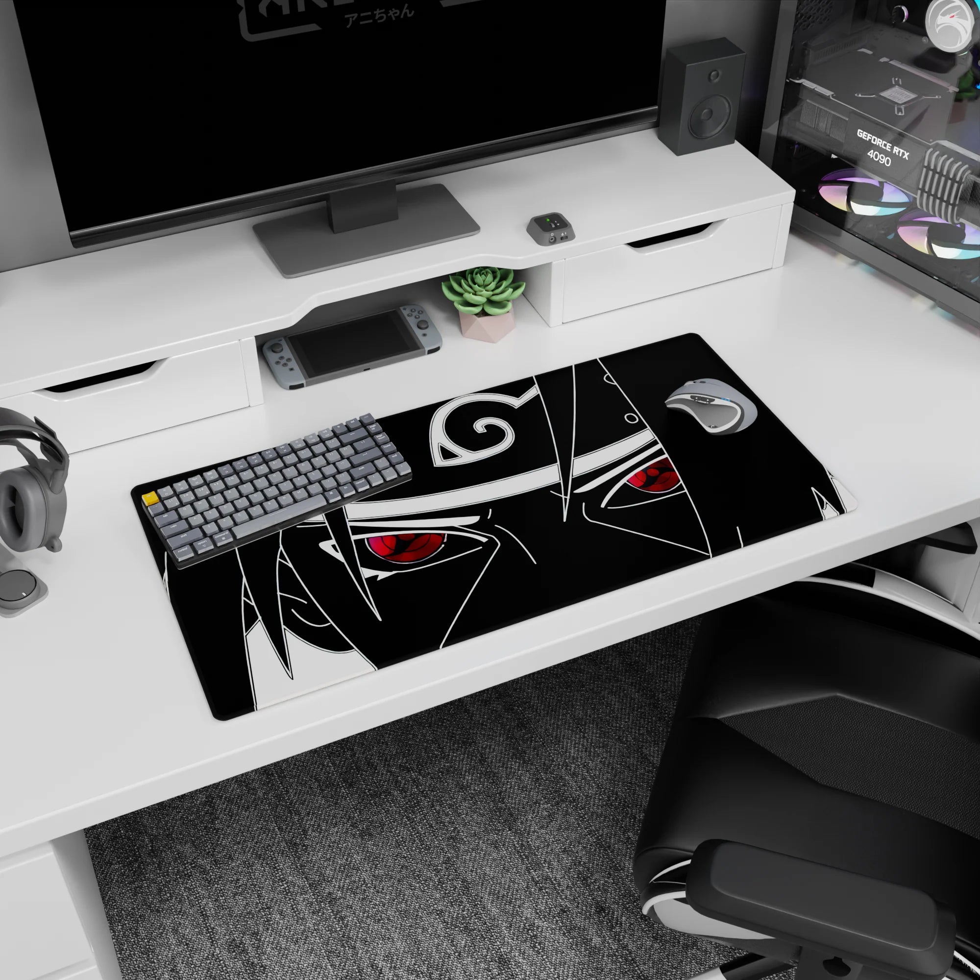 Sasuke Uchiha staring forward with Sharingan eyes and Leaf headband, Naruto mouse pad 32x16 inches.