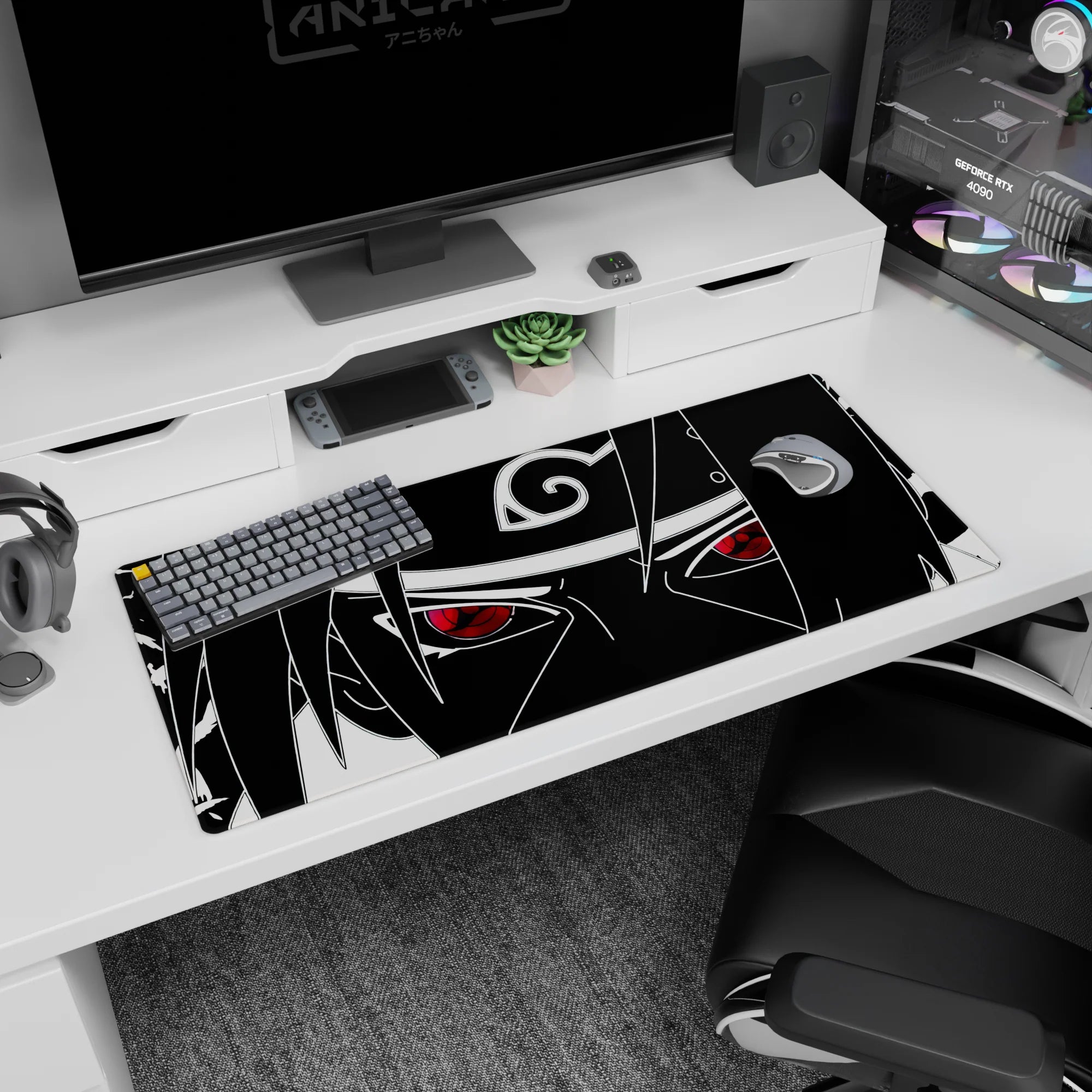 36x16 inches Naruto Sasuke Uchiha desk pad featuring his piercing stare and iconic Leaf headband.