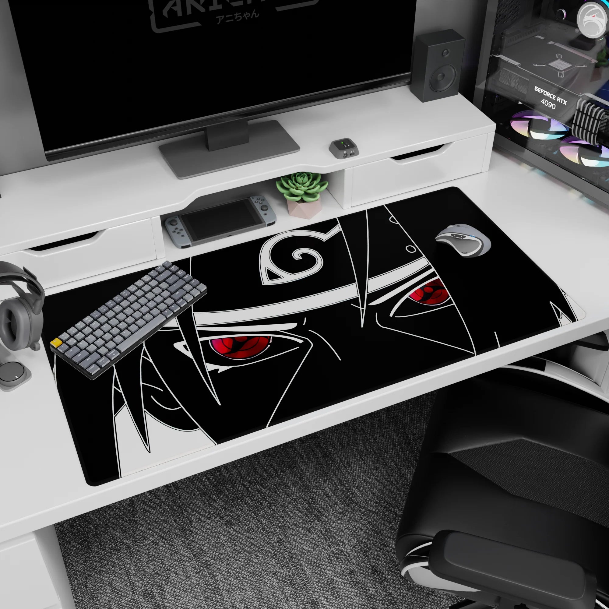 40x20 inches Naruto desk pad featuring Sasuke Uchiha staring forward, Sharingan eyes and Leaf headband.