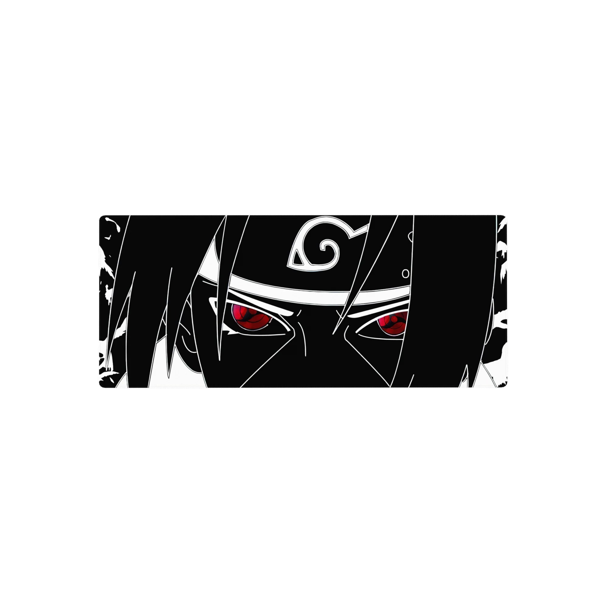 28x12 inches anime mouse pad with clean black-and-white Sasuke line art and Leaf headband symbol.