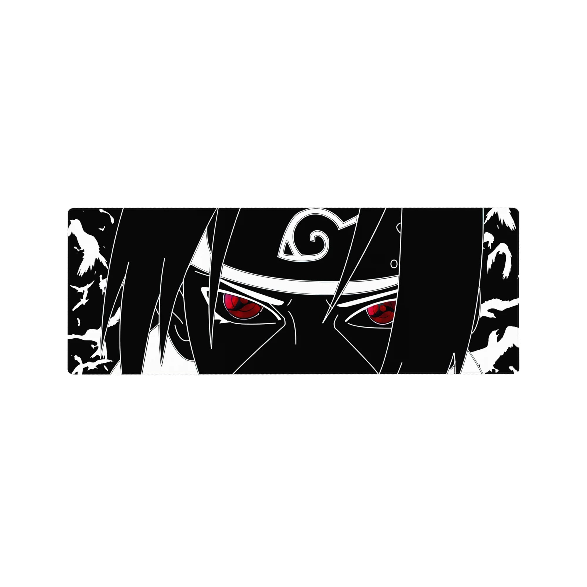 32x12 inches anime mouse pad with Sasuke Uchiha line art, Leaf headband symbol, and Sharingan accent.