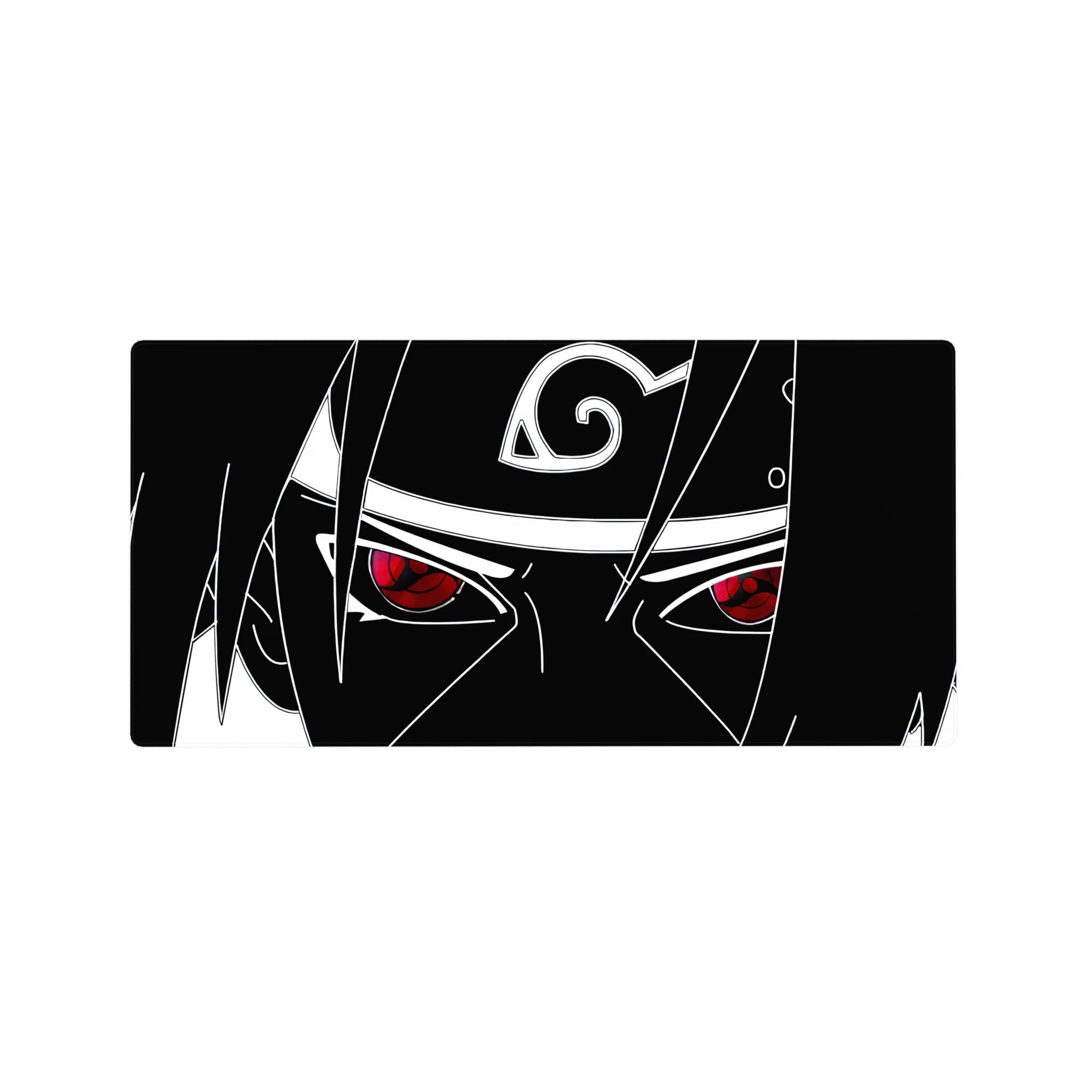 Black and white Sasuke Uchiha line art anime mouse pad with Leaf headband symbol, 32x16 inches.