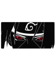 Black and white Sasuke Uchiha line art anime mouse pad with Leaf headband symbol, 32x16 inches.