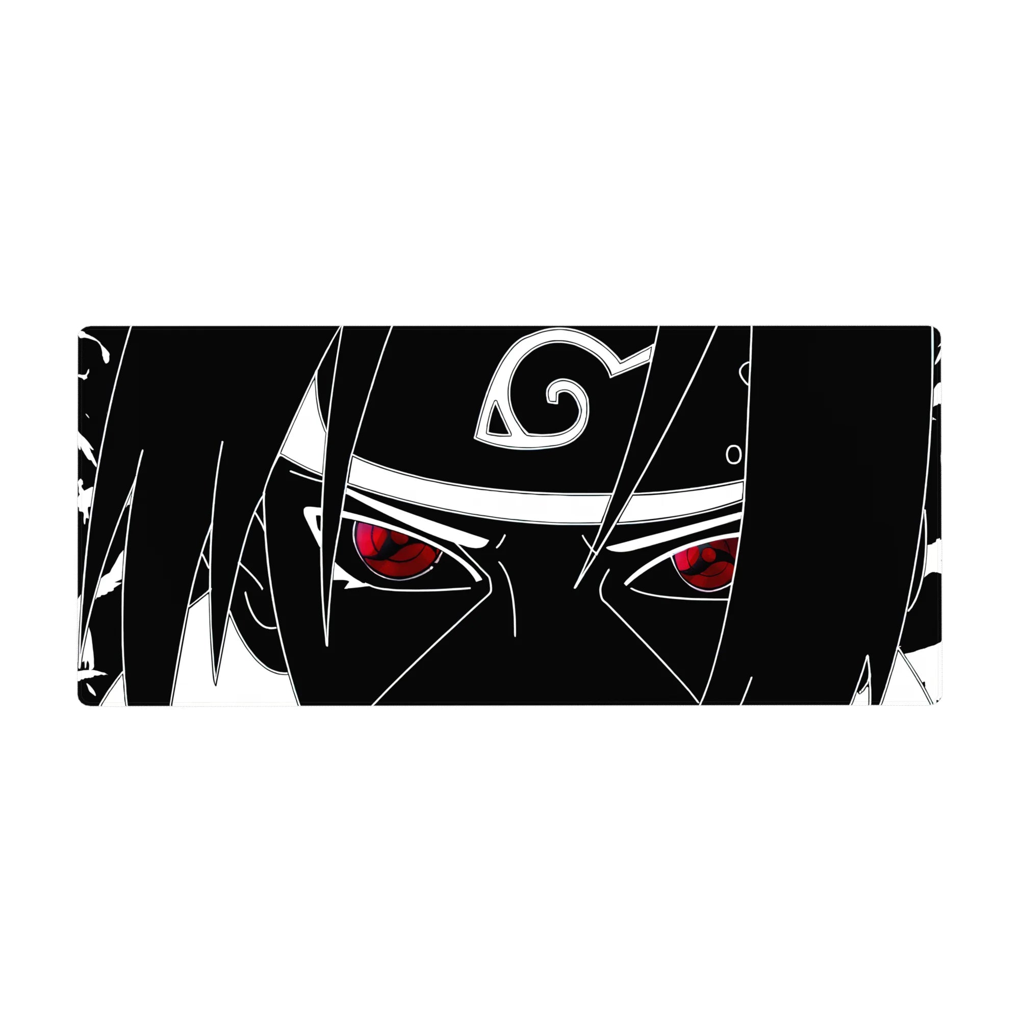 36x16 inches anime desk pad with Sasuke line art, Leaf headband symbol, and red Sharingan accent.