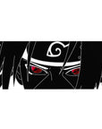 36x16 inches anime desk pad with Sasuke line art, Leaf headband symbol, and red Sharingan accent.
