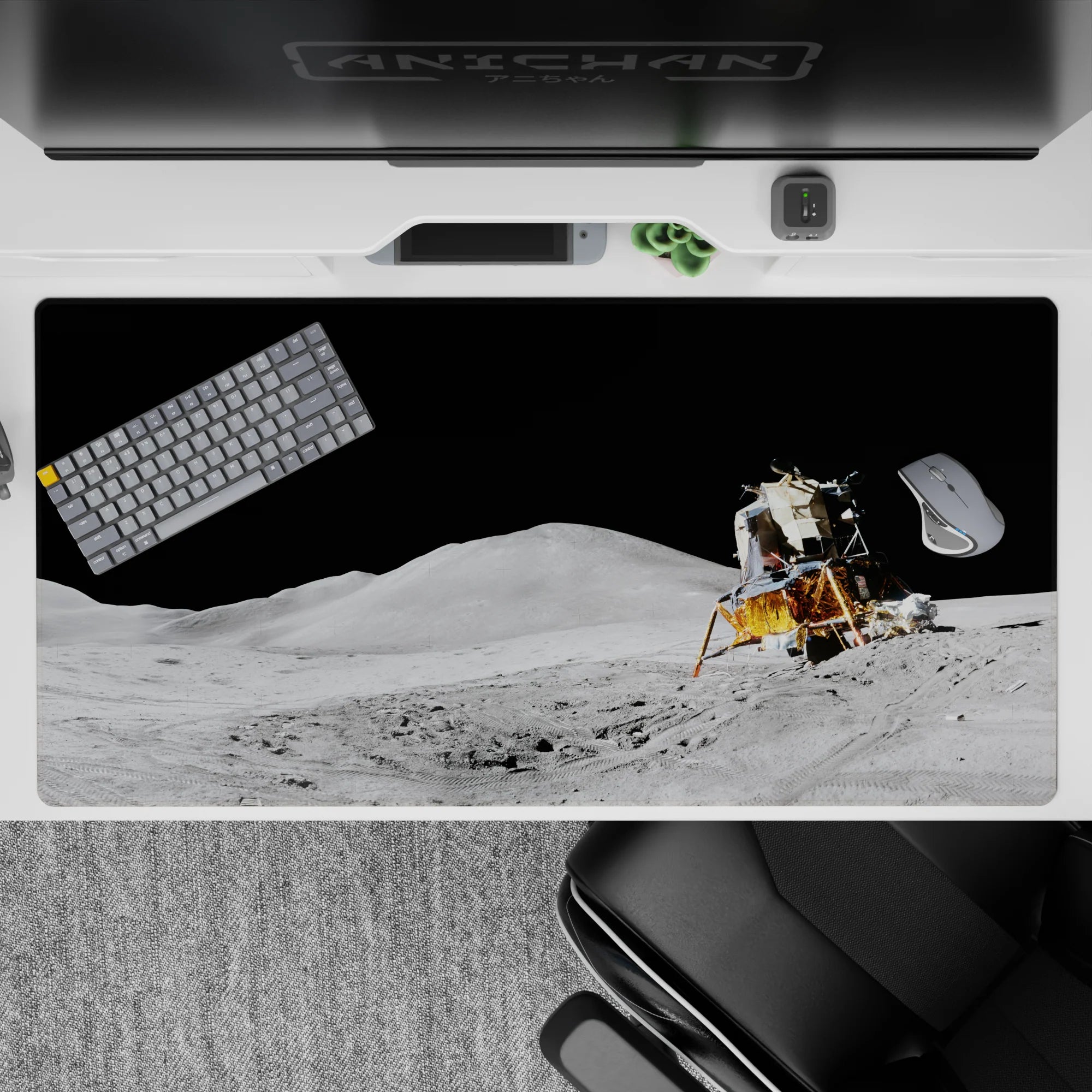 Soft gray dust and deep black sky desk pad 40x20 inches, calm minimal sci-fi mood for clean setups.