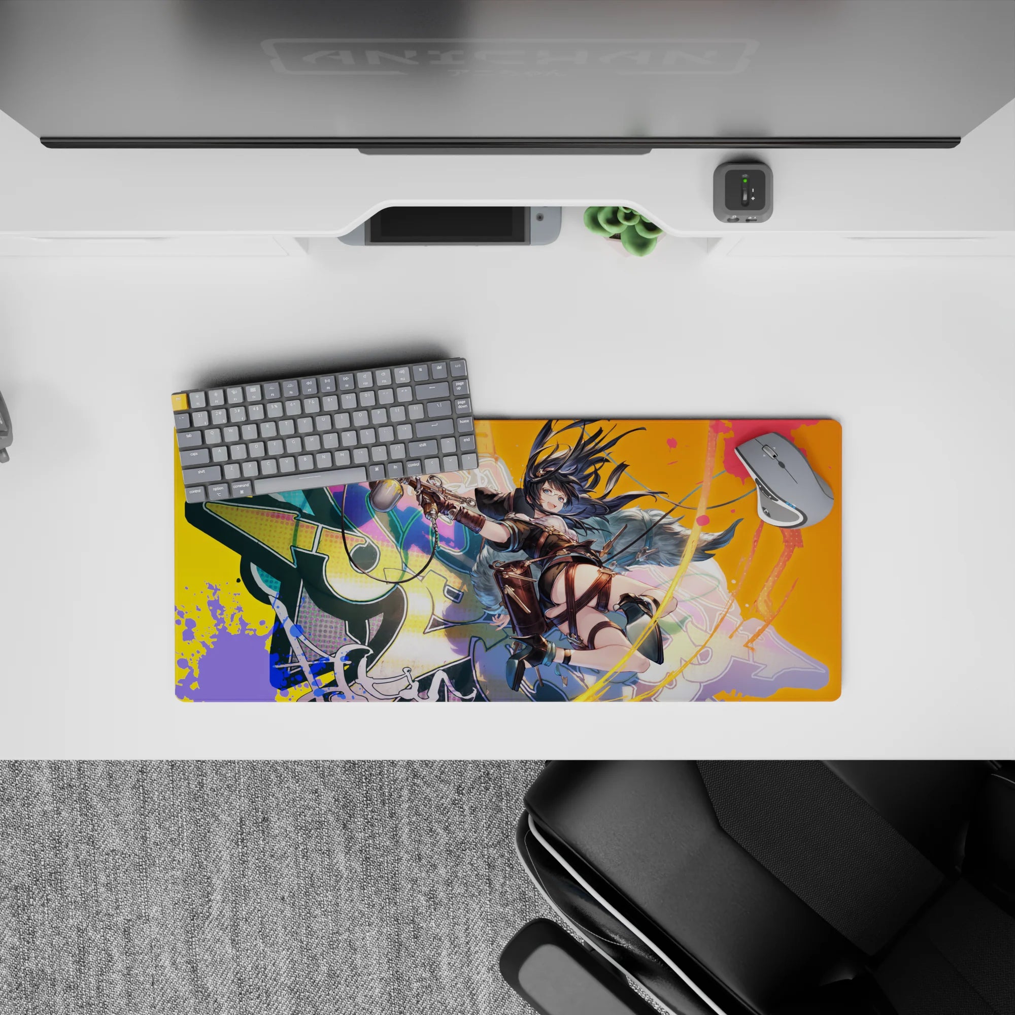 28x12 inches neon teal, candy pink, and hot orange paint-drip anime mouse pad with street-art energy.