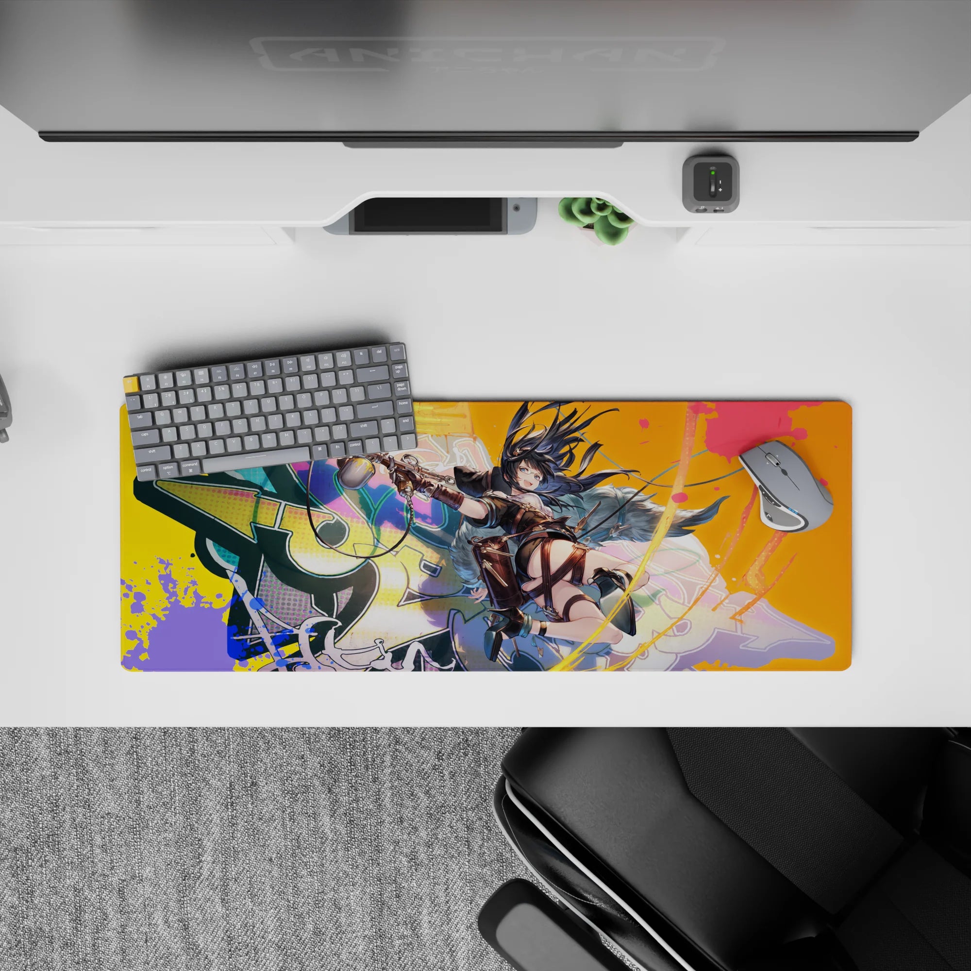 32x12 inches desk mouse pad in neon teal, candy pink, and hot orange paint-drip street art mood.