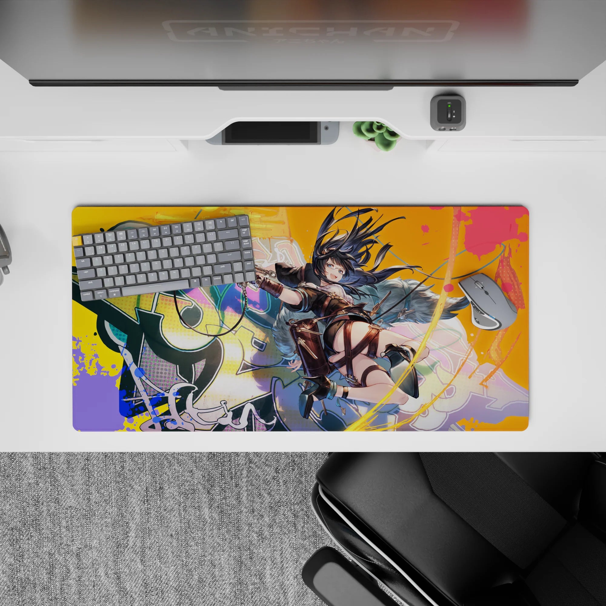 Neon teal, candy pink, and hot orange street-art anime desk mat mouse pad 32x16 inches.
