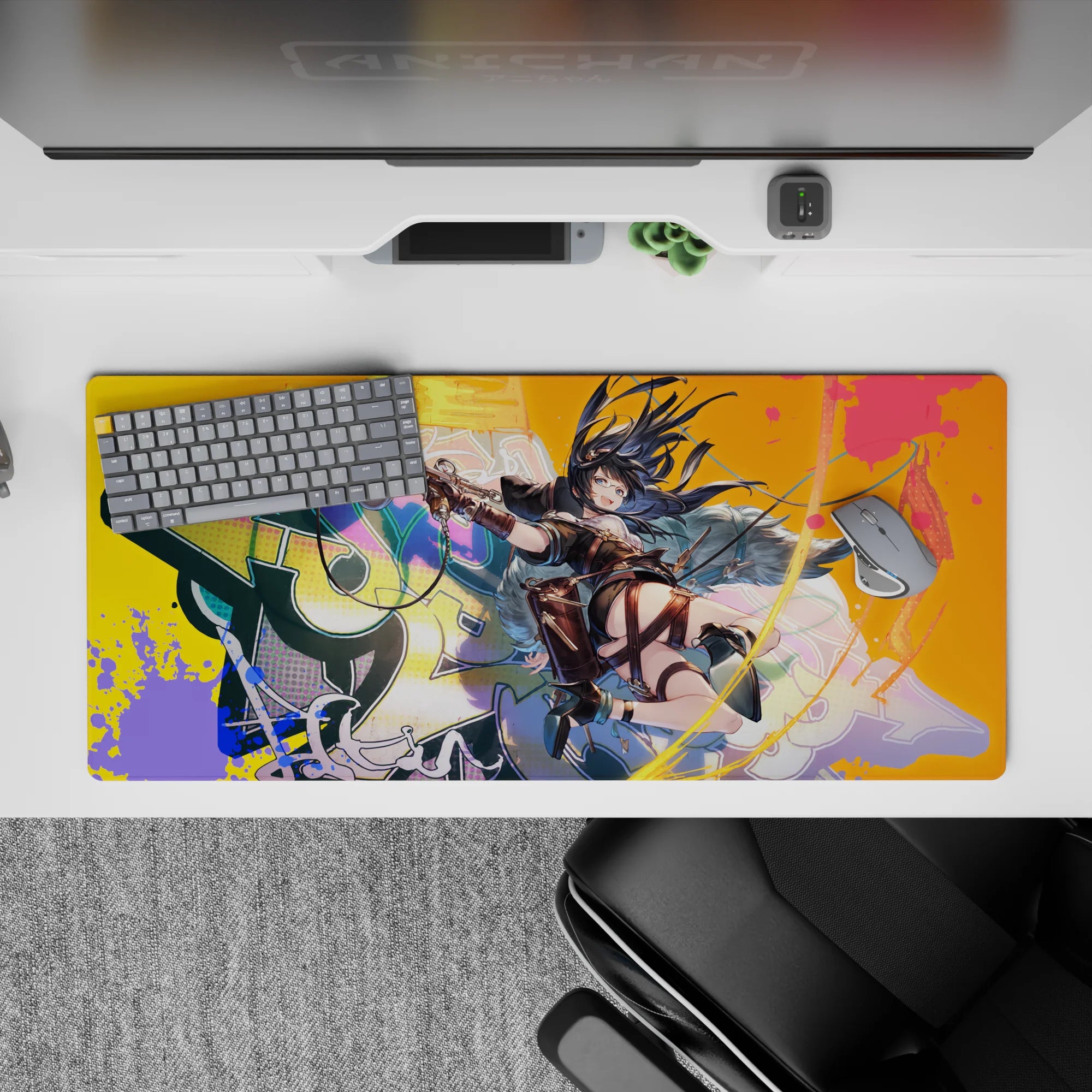 Neon teal, candy pink, and hot orange anime desk pad 36x16 inches with high-energy action vibe.