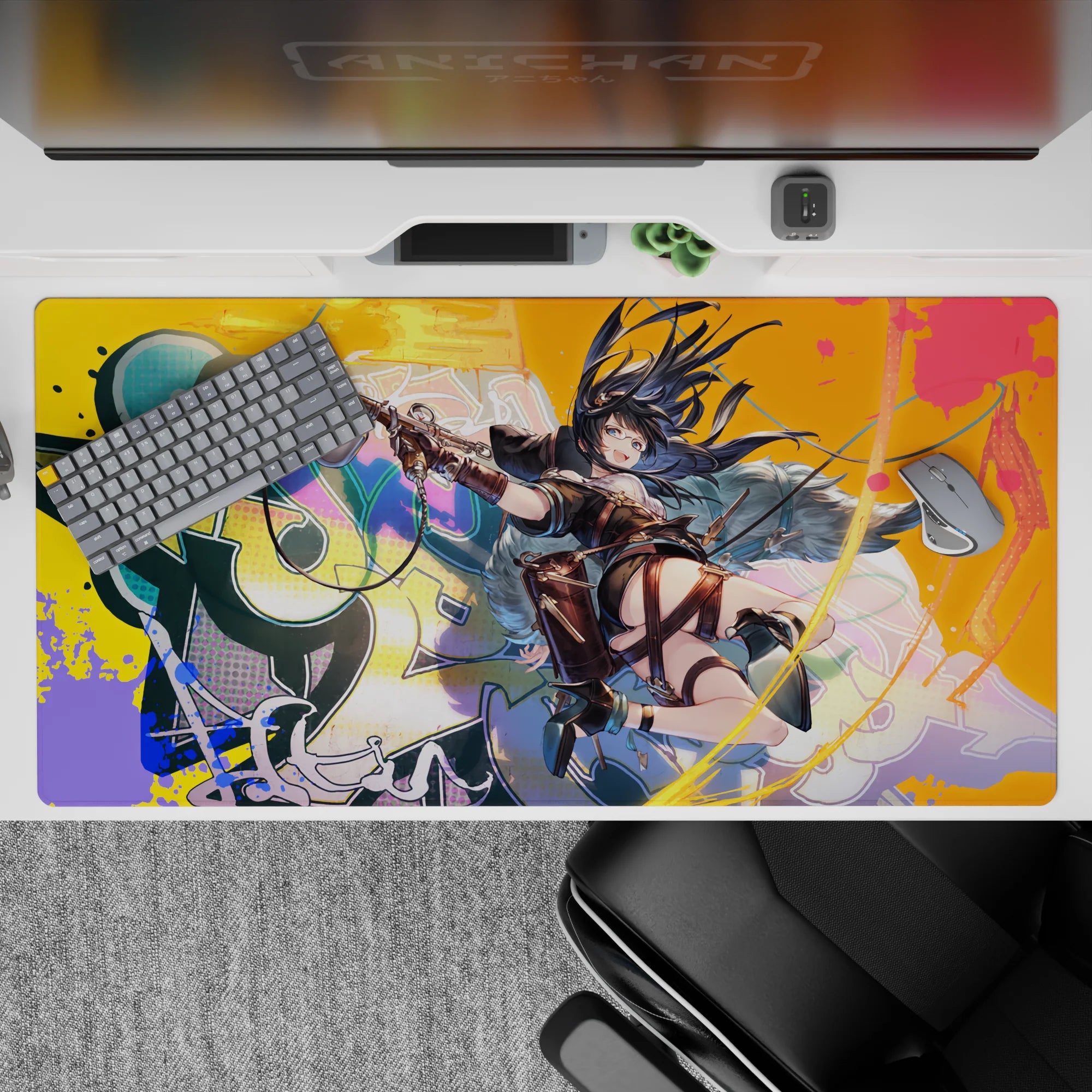 Neon teal, candy pink, and hot orange anime desk pad 40x20 inches with high-energy action vibe.