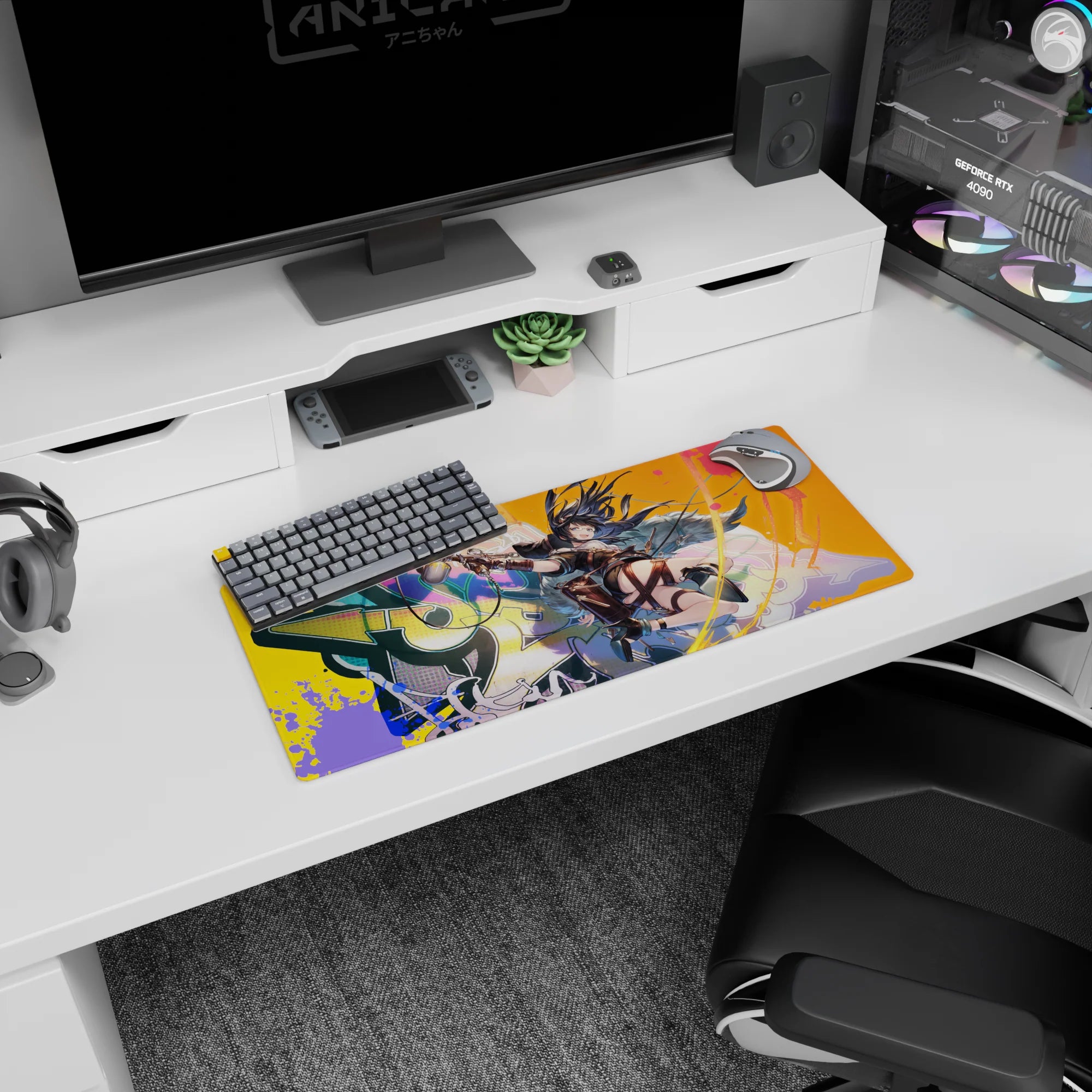 28x12 inches anime desk mat showing sharp-eyed dark-haired girl in goggles firing twin pistols on graffiti wall.