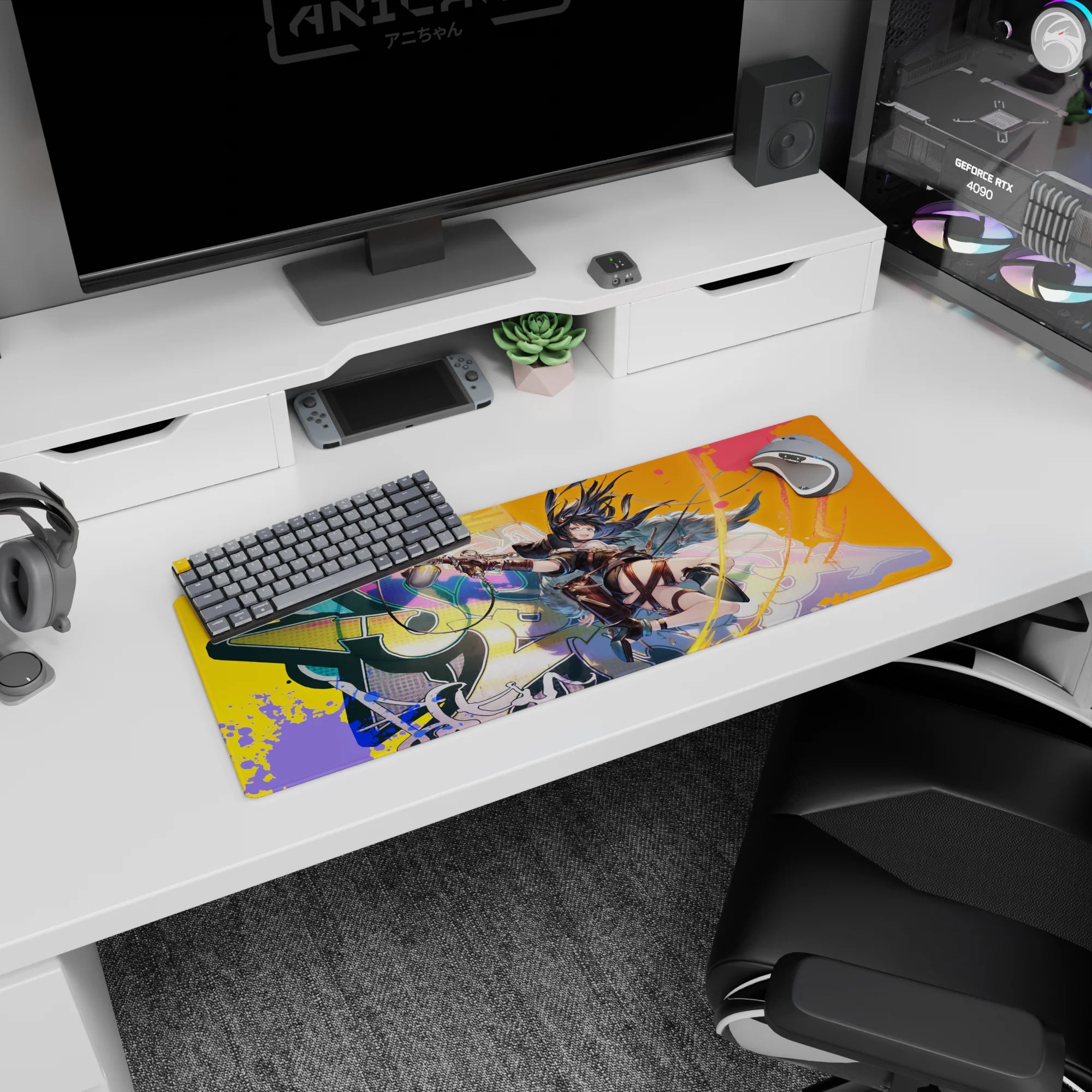 32x12 inches extended mouse pad featuring sharp-eyed dark-haired heroine with goggles firing twin pistols.