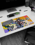 Sharp-eyed anime heroine with windswept dark hair and twin pistols on graffiti wall mouse pad 32x16 inches.