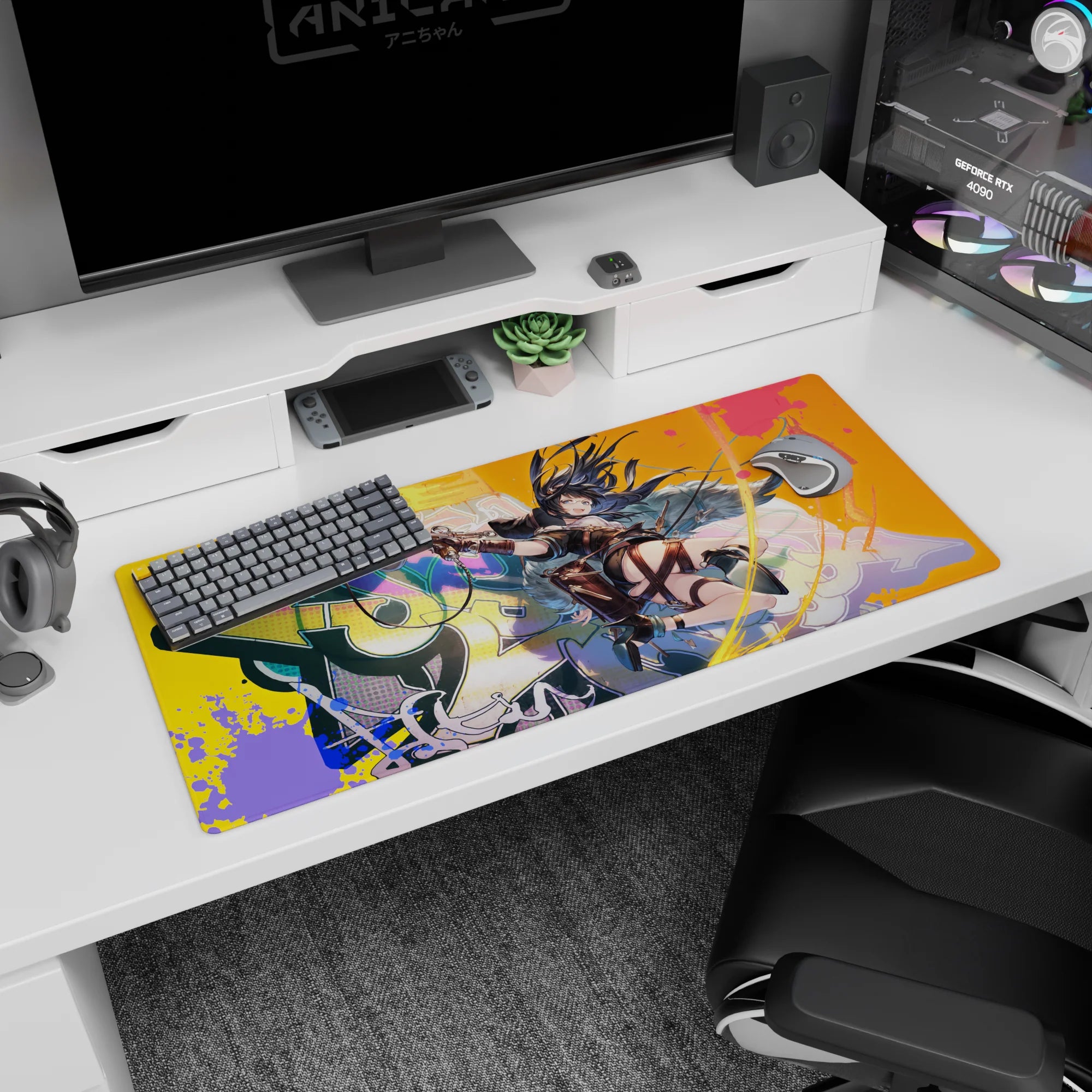 Sharp-eyed anime heroine with windswept dark hair and pistols on graffiti wall desk pad 36x16 inches.