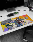 Sharp-eyed anime heroine with windswept dark hair and pistols on graffiti wall desk pad 36x16 inches.