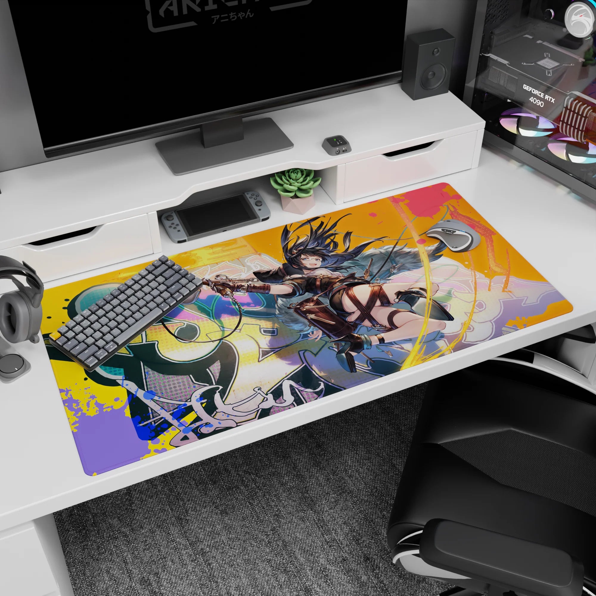 Sharp-eyed anime heroine with windswept dark hair and goggles firing twin pistols on 40x20 inches desk pad.