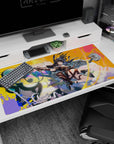 Sharp-eyed anime heroine with windswept dark hair and goggles firing twin pistols on 40x20 inches desk pad.