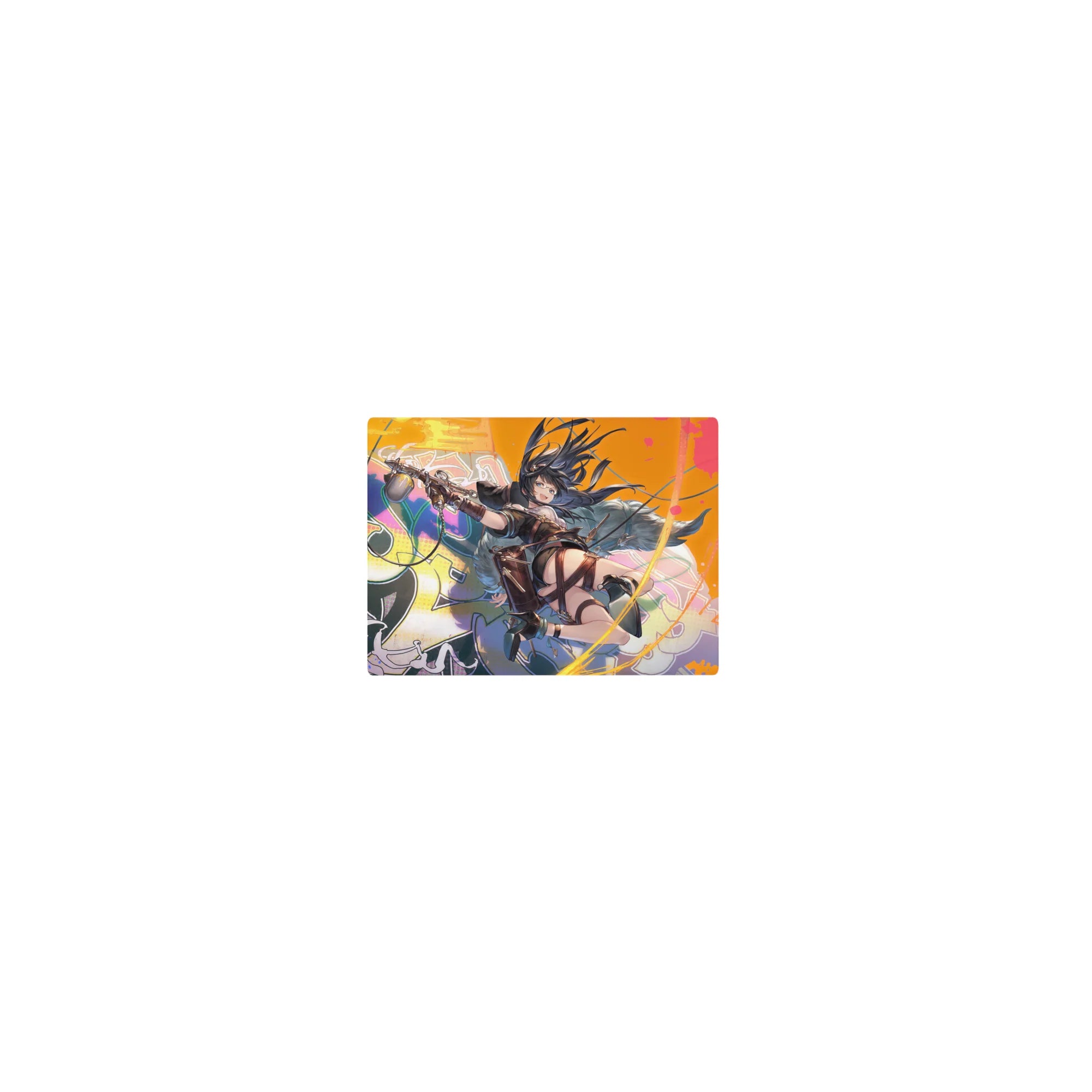 Classic anime girl mouse pad 14x10 inches with goggles, twin pistols, and graffiti paint-drip background.