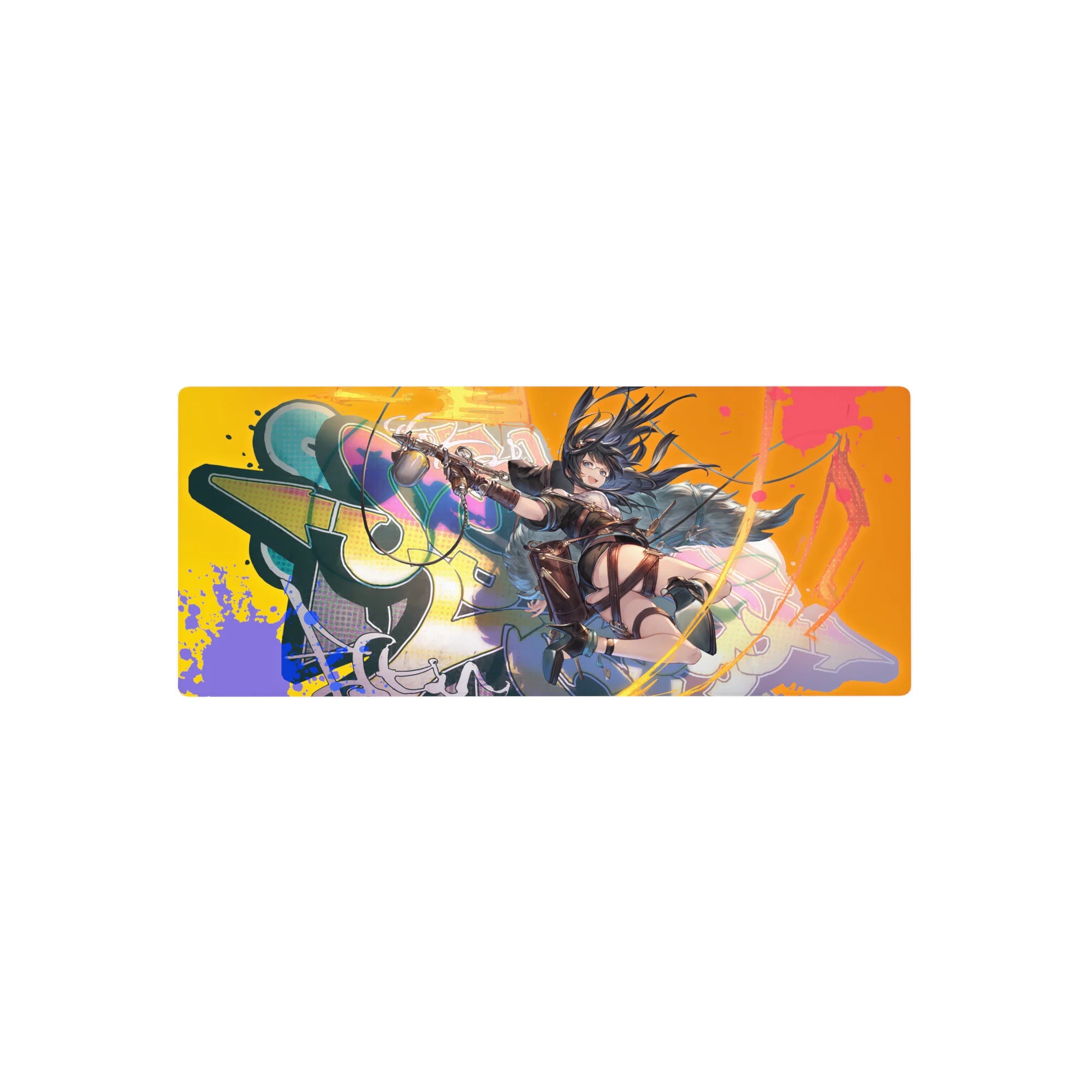 28x12 inches anime girl mouse pad with goggle-wearing heroine, twin pistols, and graffiti splash backdrop.