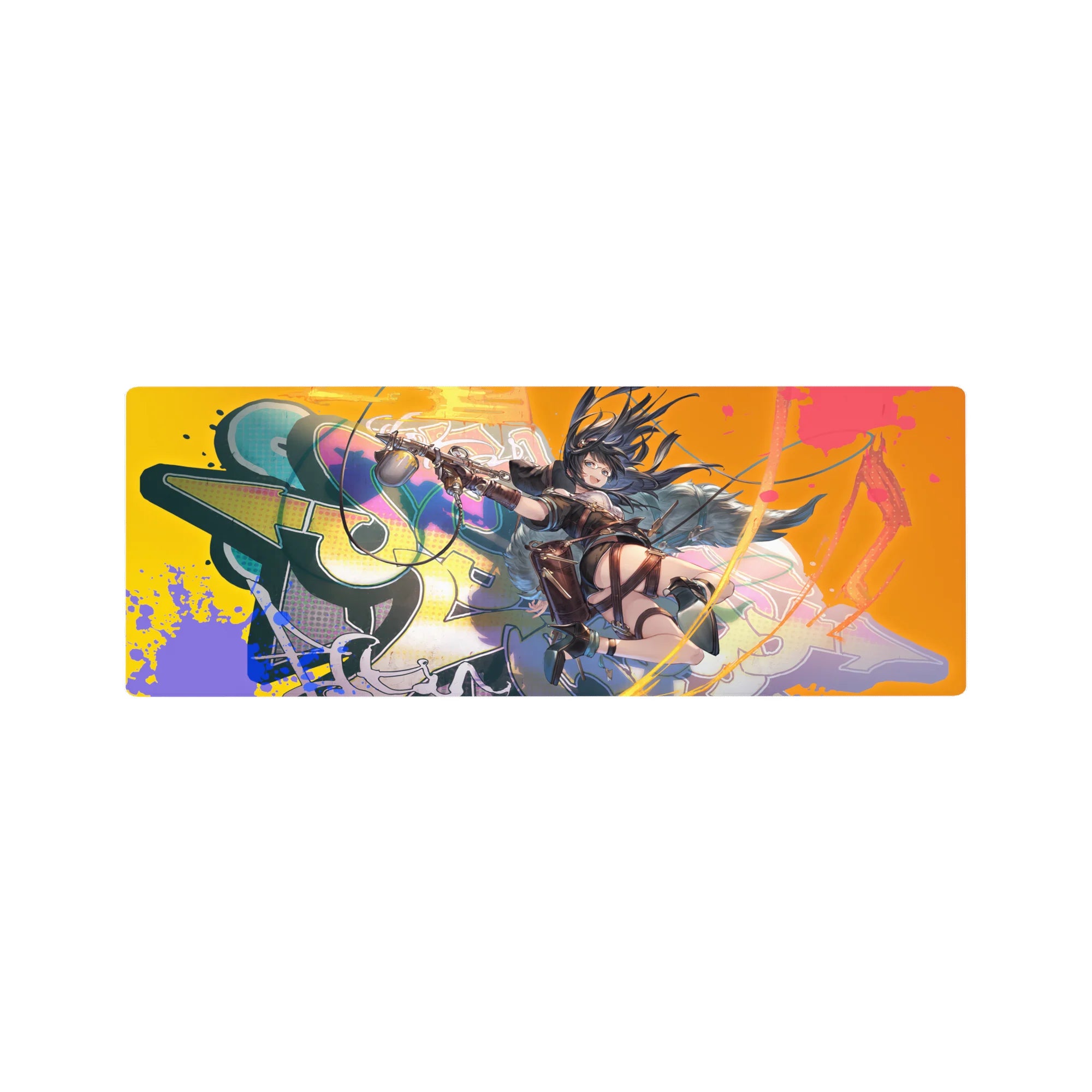 32x12 inches anime girl mouse pad with goggles and twin pistols on neon graffiti splash background.