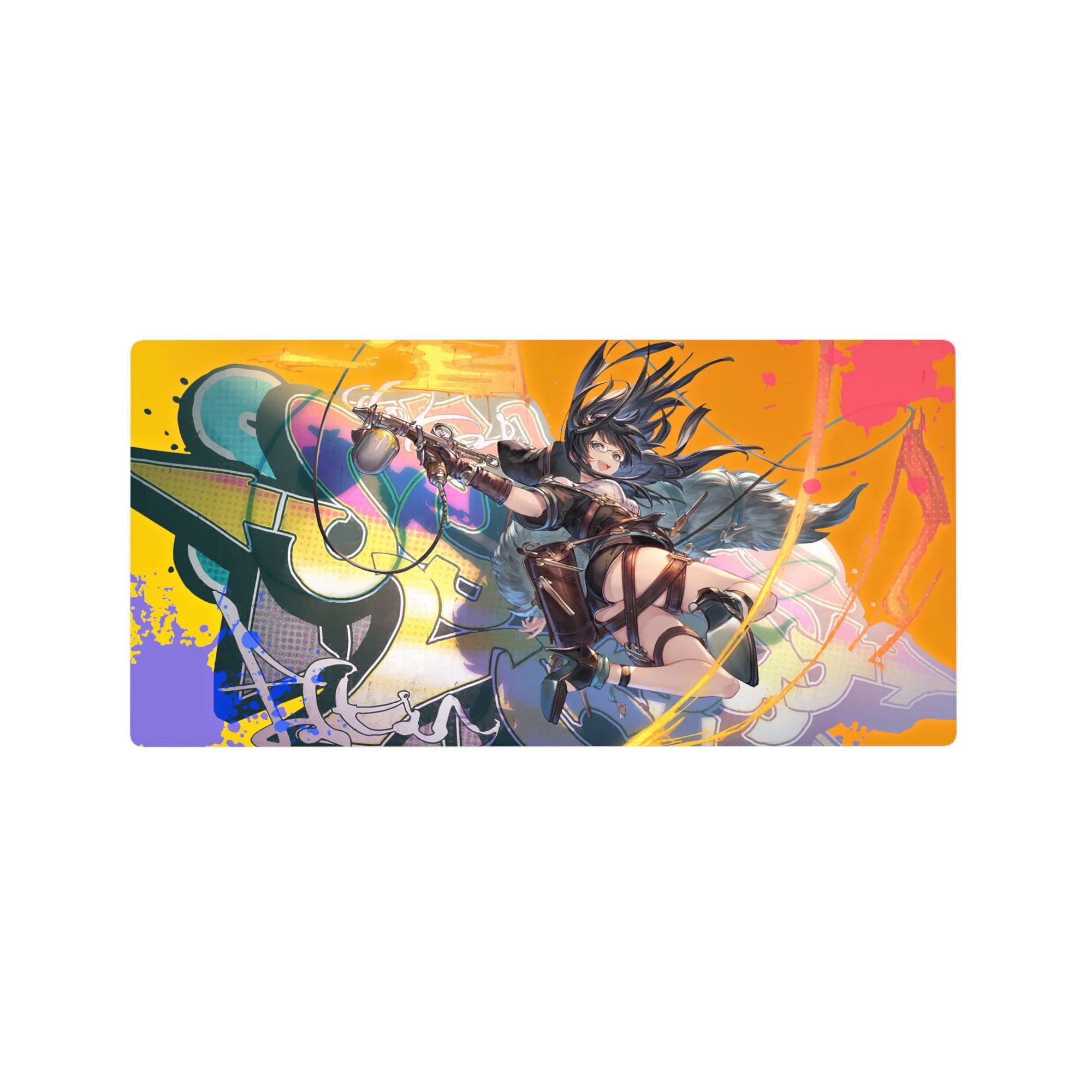 Anime girl mouse pad 32x16 inches with goggle heroine, twin pistols, and graffiti paint-drip backdrop.