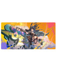 Anime girl mouse pad 32x16 inches with goggle heroine, twin pistols, and graffiti paint-drip backdrop.