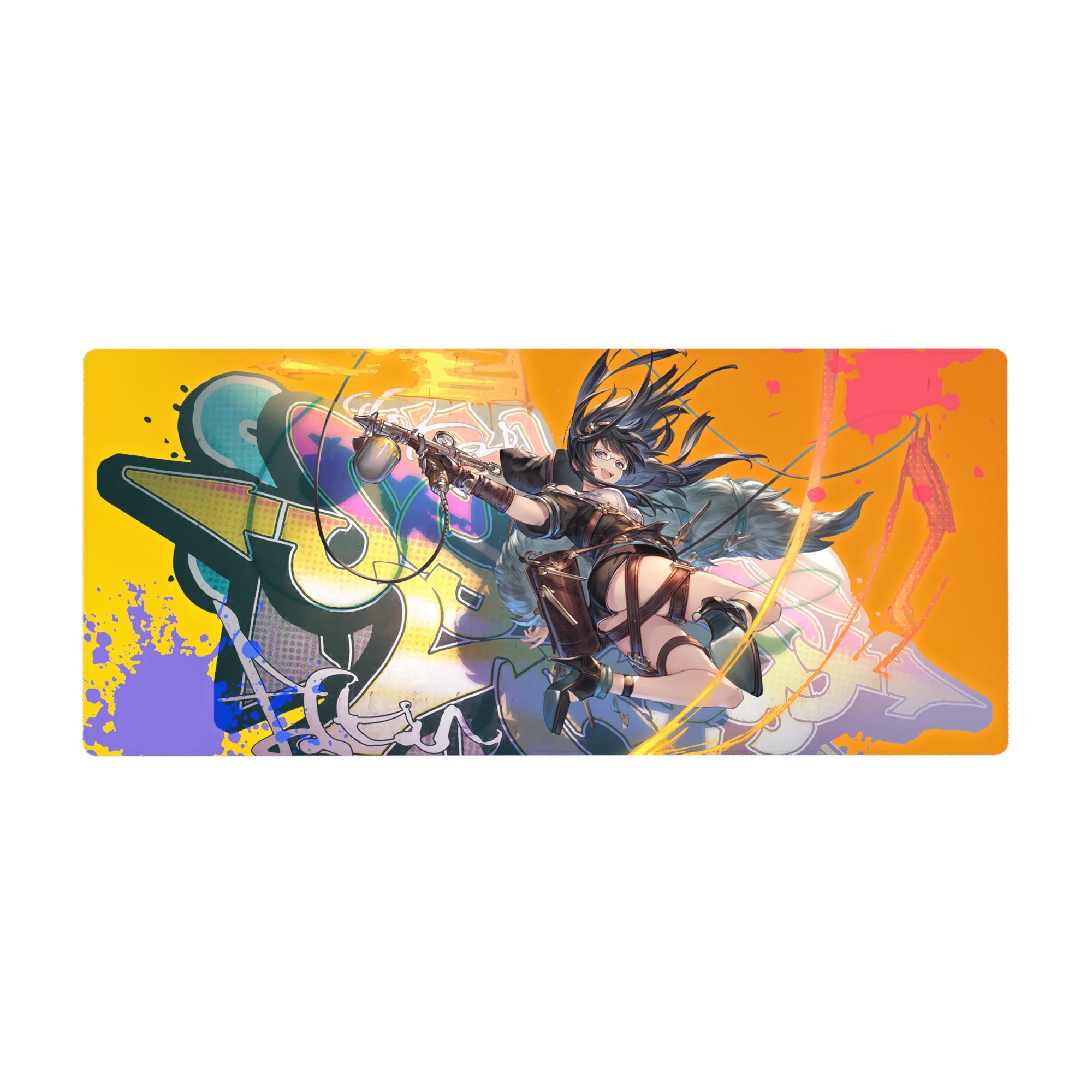 Anime girl desk pad 36x16 inches with goggles, twin pistols, and graffiti paint-drip street art.