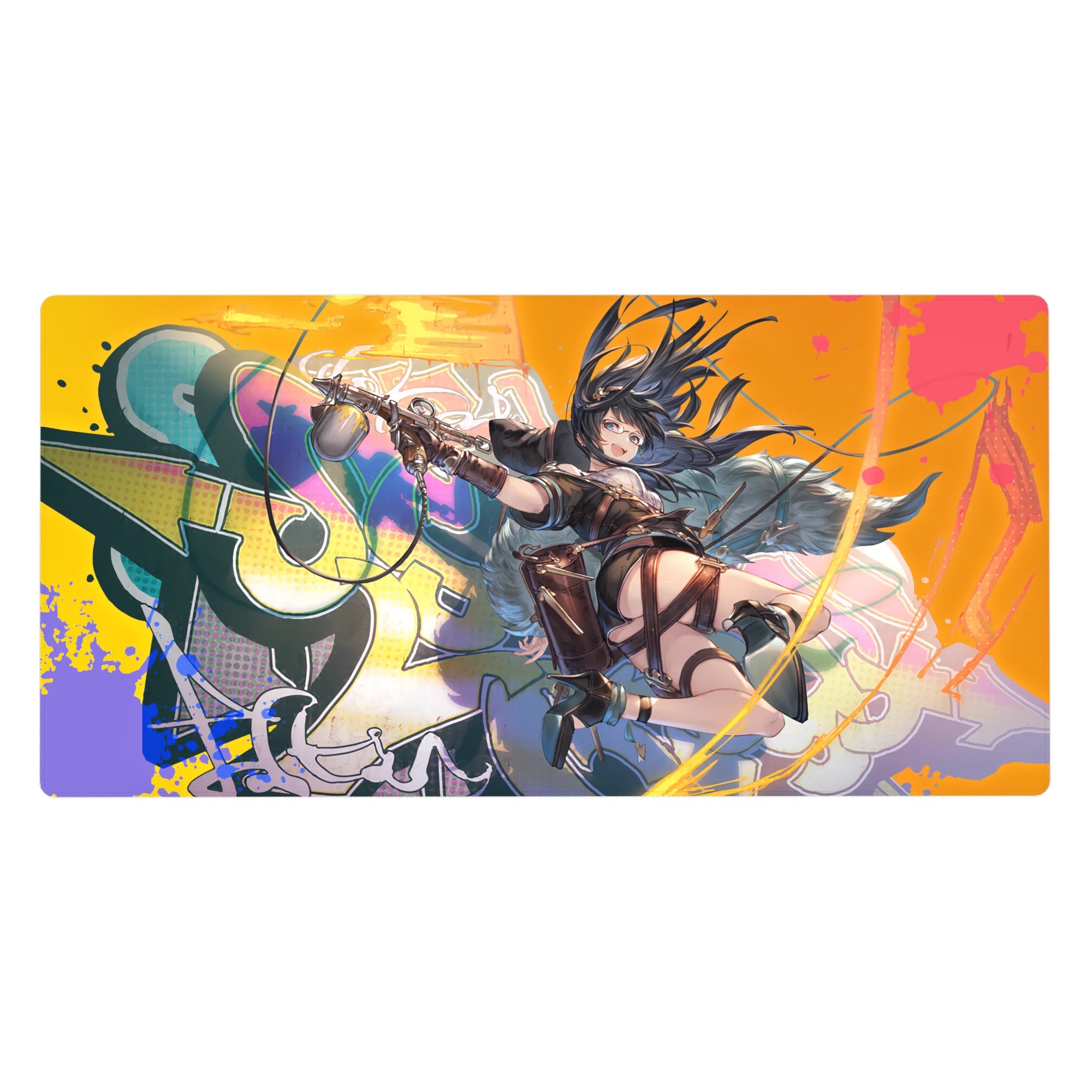 Anime girl desk pad 40x20 inches with goggles, twin pistols, and graffiti paint-drip street art.