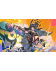 Anime girl desk pad 40x20 inches with goggles, twin pistols, and graffiti paint-drip street art.