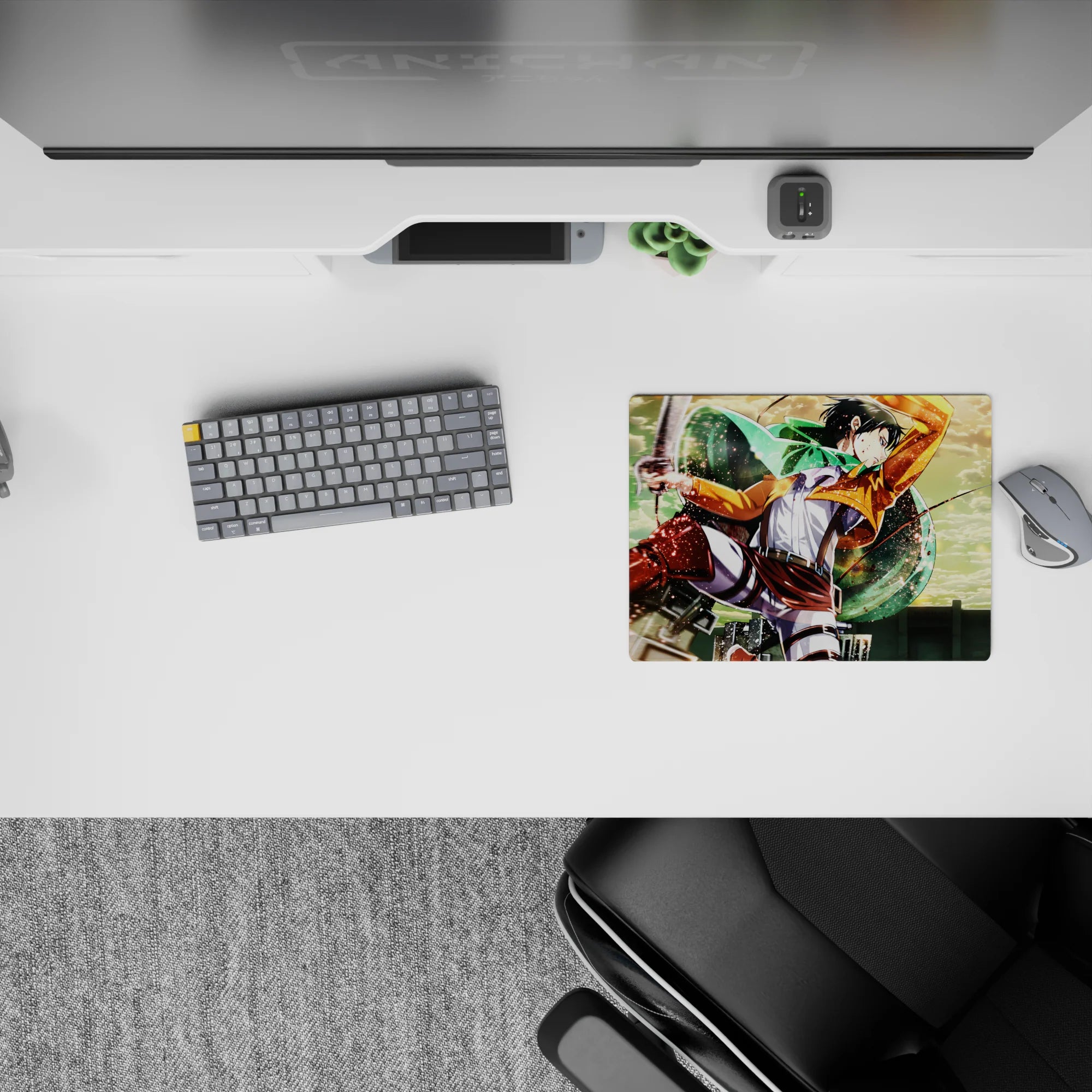 Levi from Attack on Titan in dynamic mid-air action against vibrant sky on 14x10 inch anime mouse pad.