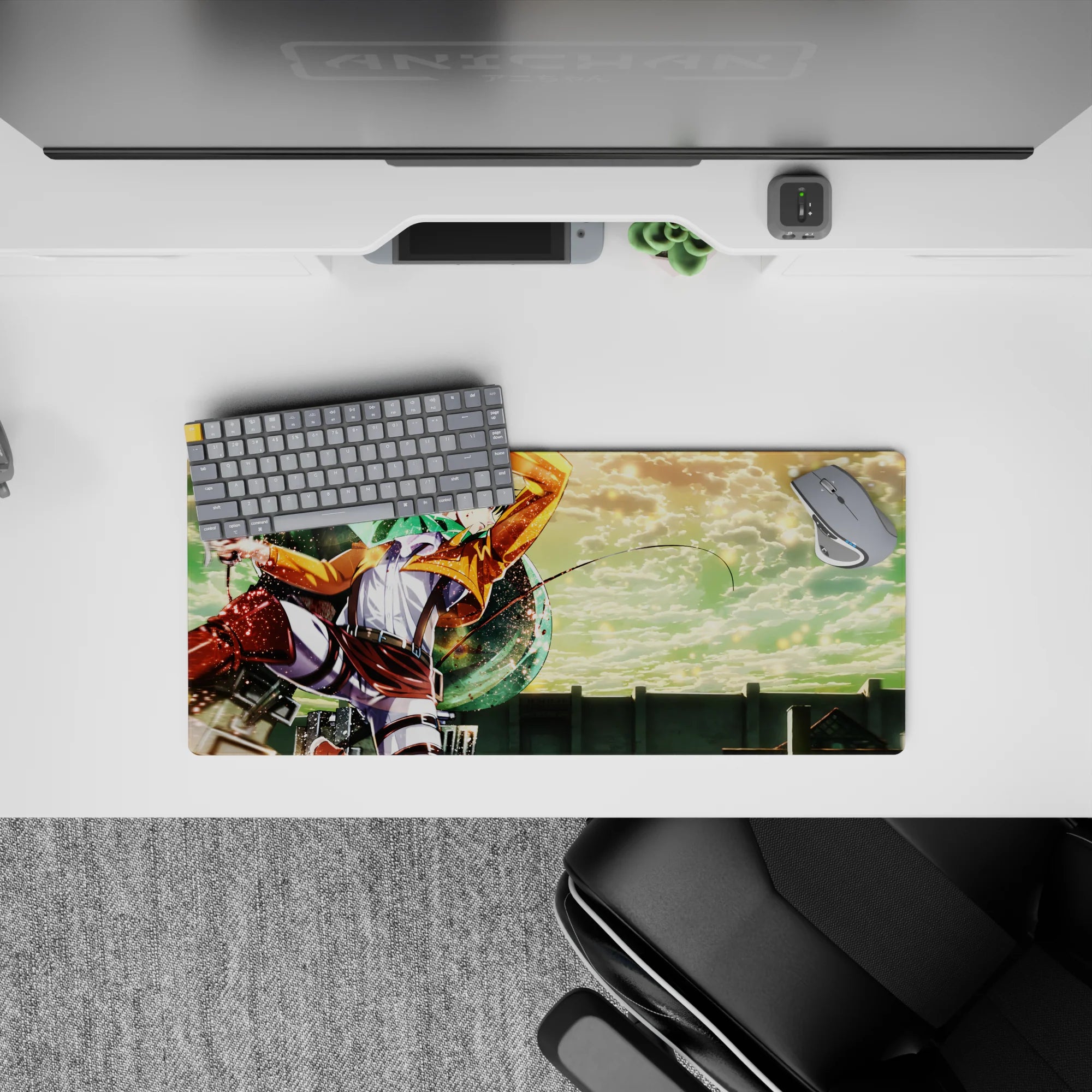 Attack on Titan mouse pad featuring Levi flying through vibrant sky, 28x12 inches, capturing kinetic energy and radiant colors.