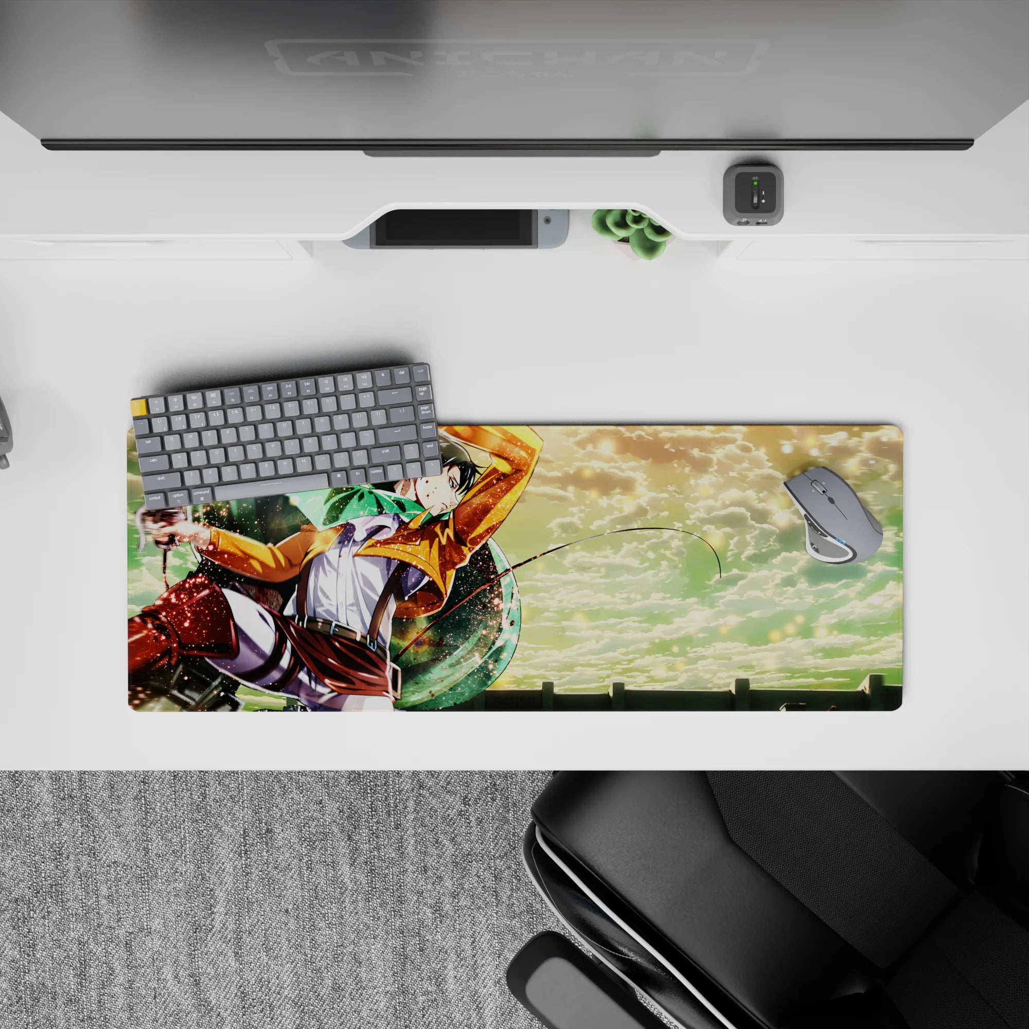 Anime mouse pad 32x12 inches featuring Levi from Attack on Titan, flying through vibrant golden clouds with kinetic energy.