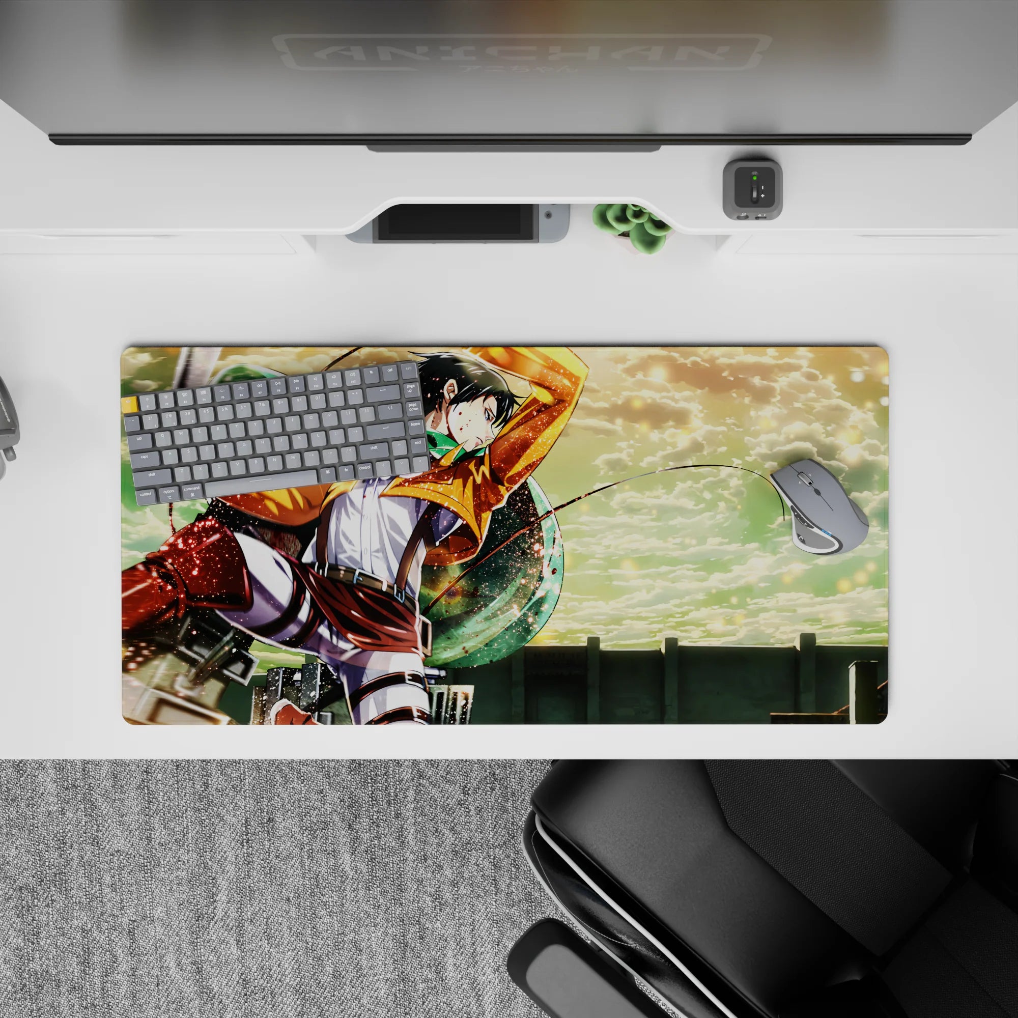 Levi flying through clouds in Attack on Titan anime scene on 32x16 inch mouse pad, vibrant colors and dynamic action.